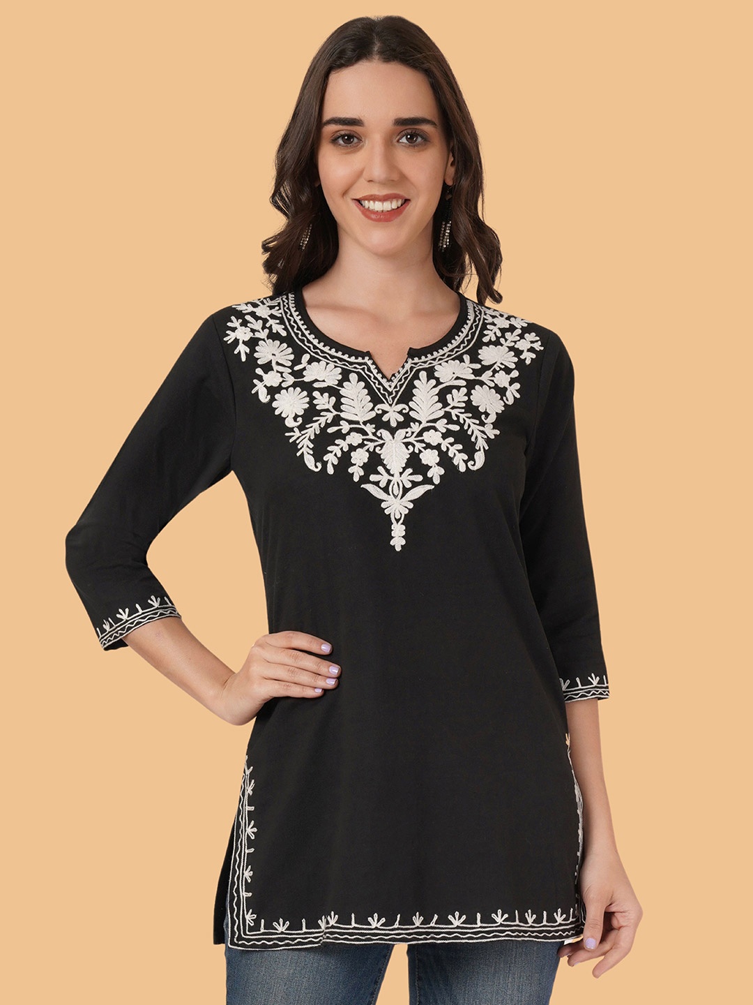 

Brownverse Ethnic Motifs Embroidered Kurti, Black