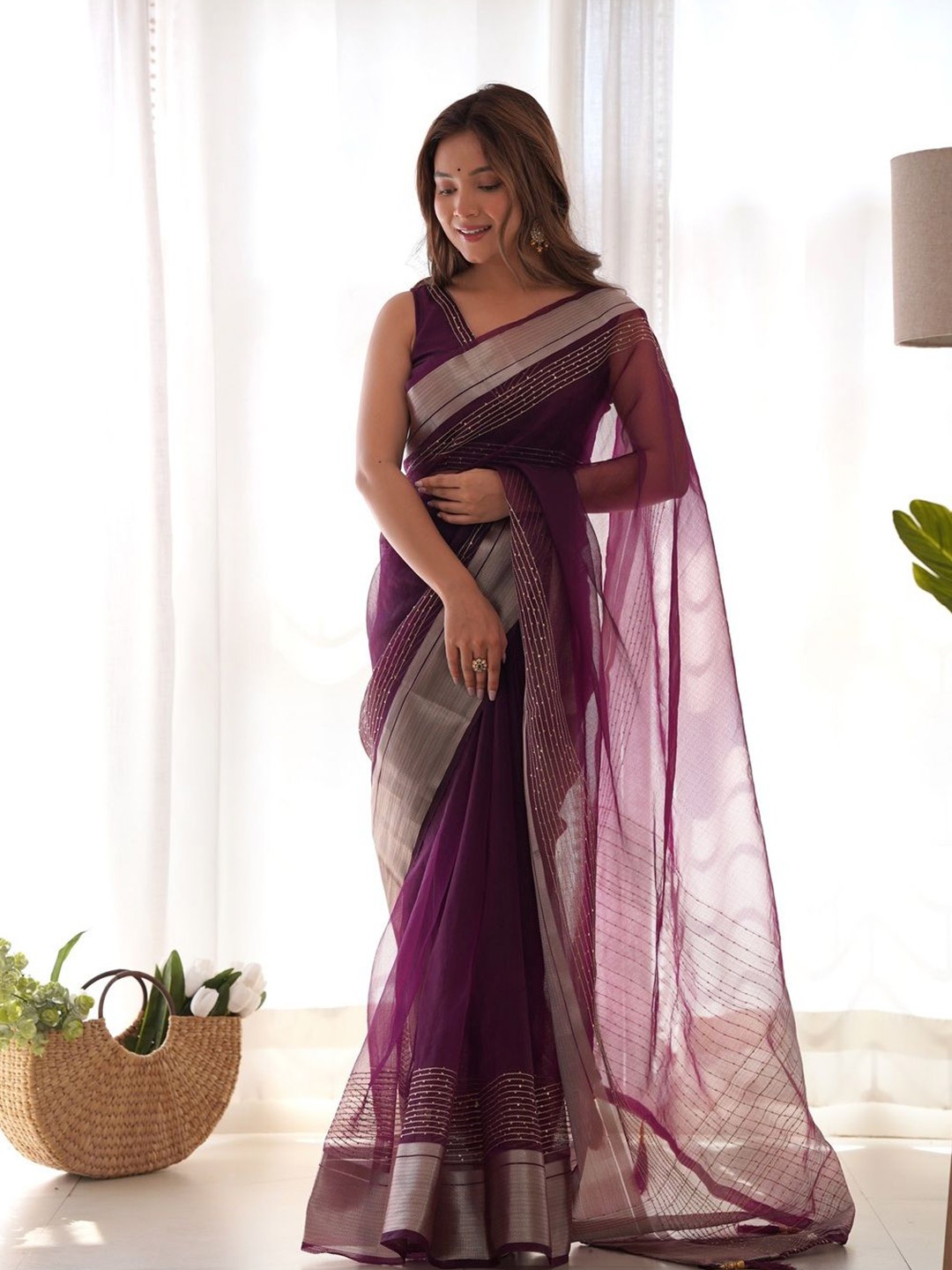 

KALINI Zari Organza Chanderi Saree, Purple