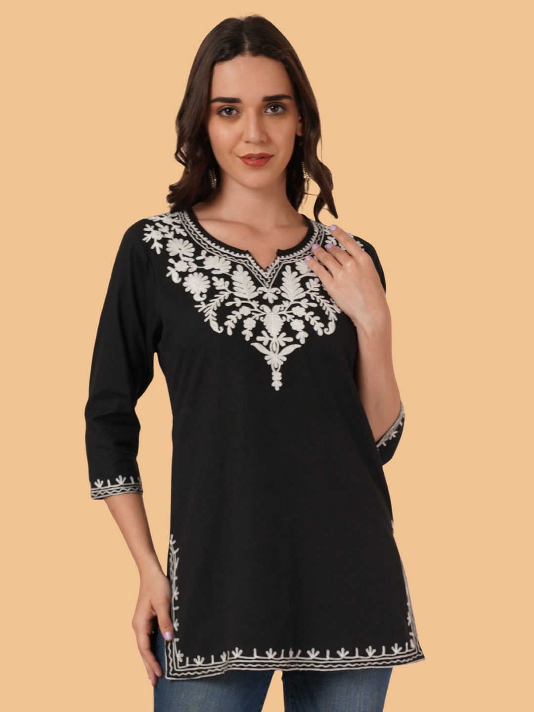 

Brownverse Ethnic Motifs Embroidered Thread Work Thread Work Kurti, Black