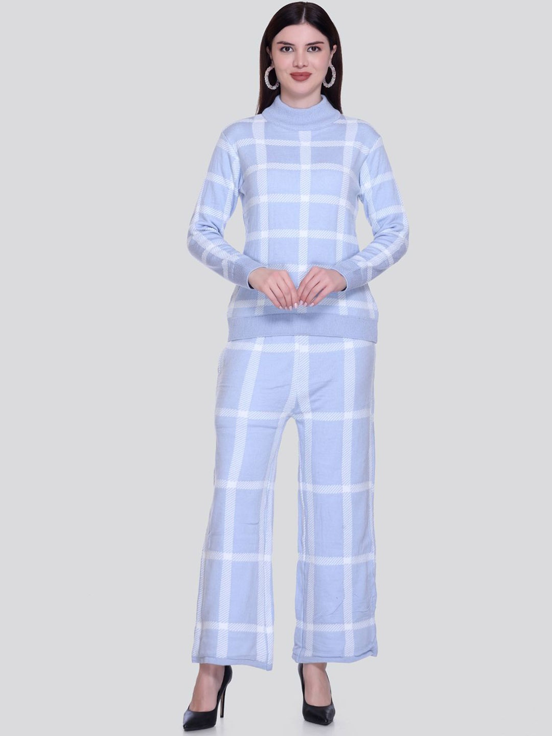 

Numalo Winter Checked High Neck Long Sleeves Sweater With Trouser, Blue