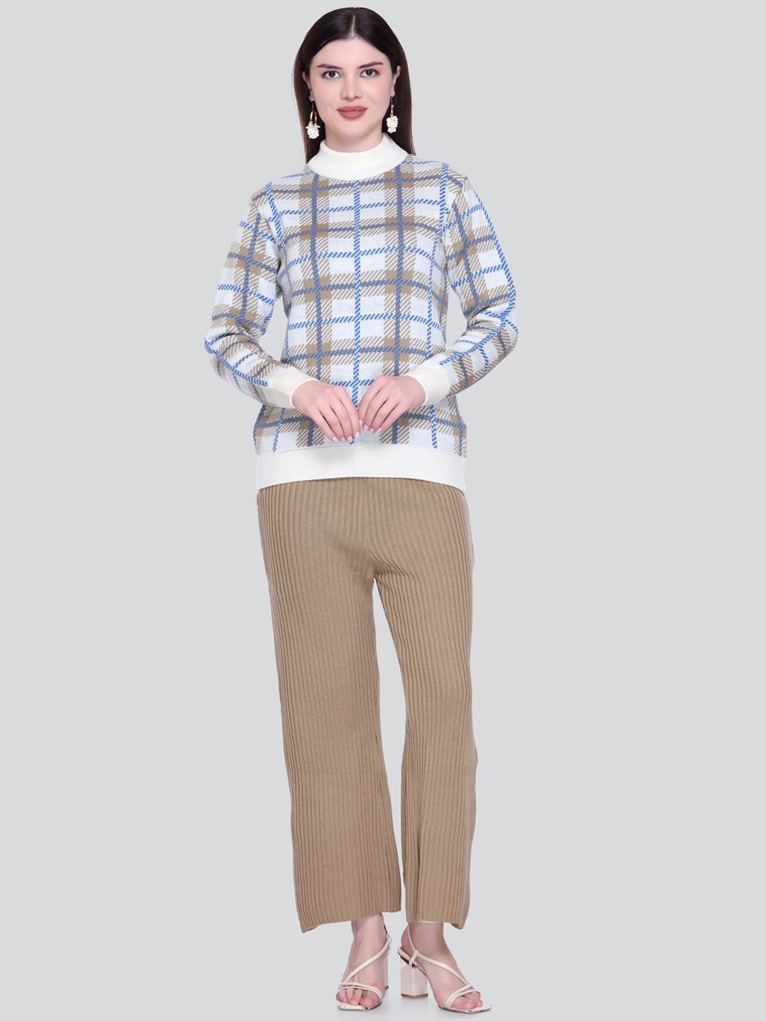 

Numalo Winter Checked High Neck Long Sleeves Sweater With Trouser, Off white