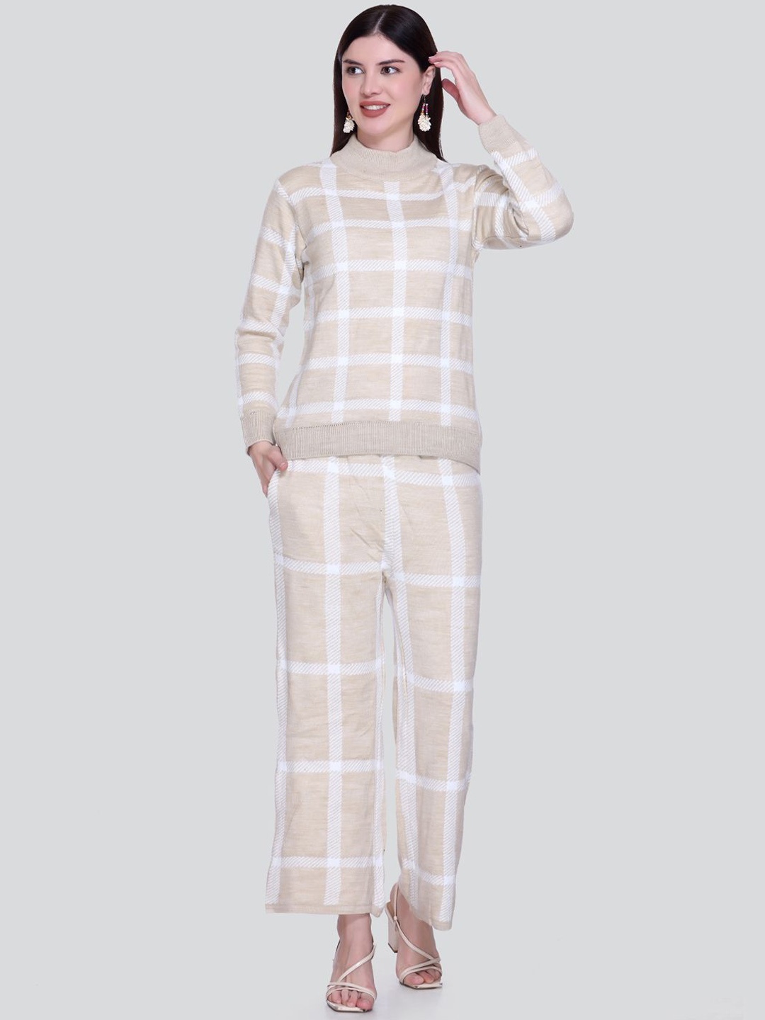 

Numalo Winter Checked High Neck Long Sleeves Sweater With Trouser, Beige