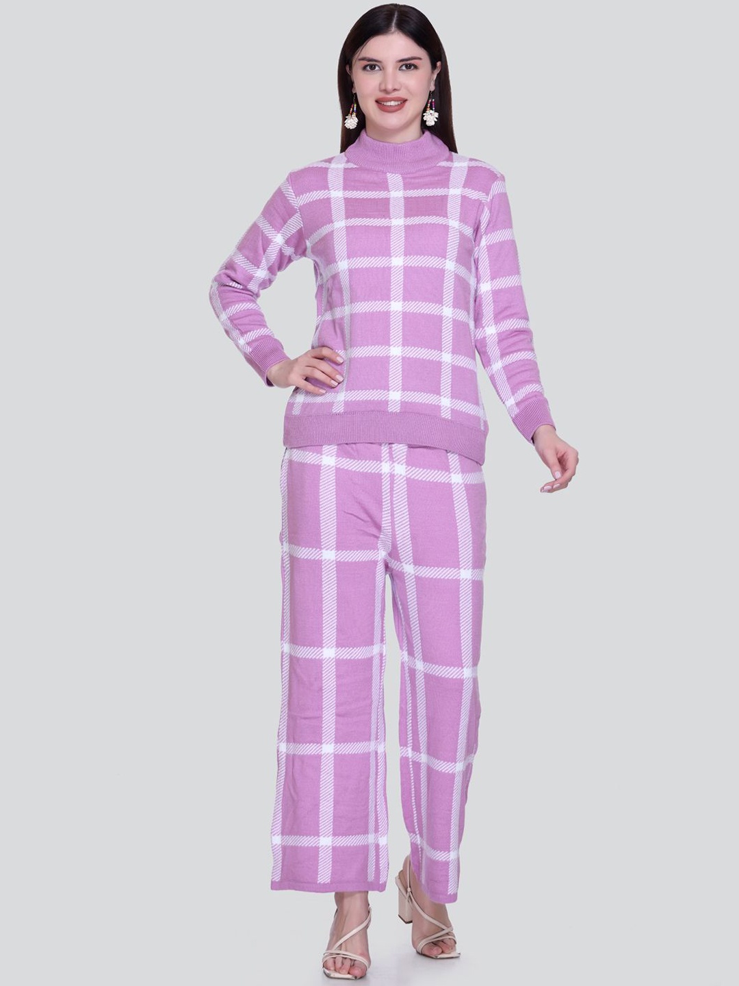 

Numalo Winter Checked High Neck Long Sleeves Sweater With Trouser, Mauve