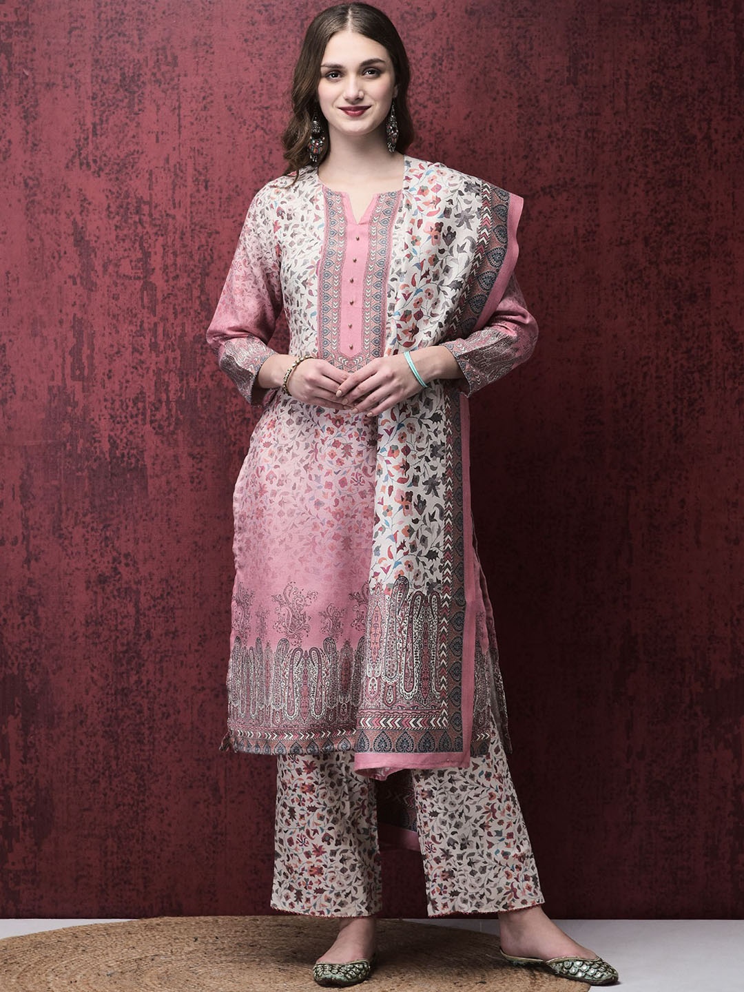 

Shree Floral Printed Round Neck Regular Straight Kurta With Palazzo With Dupatta, Pink