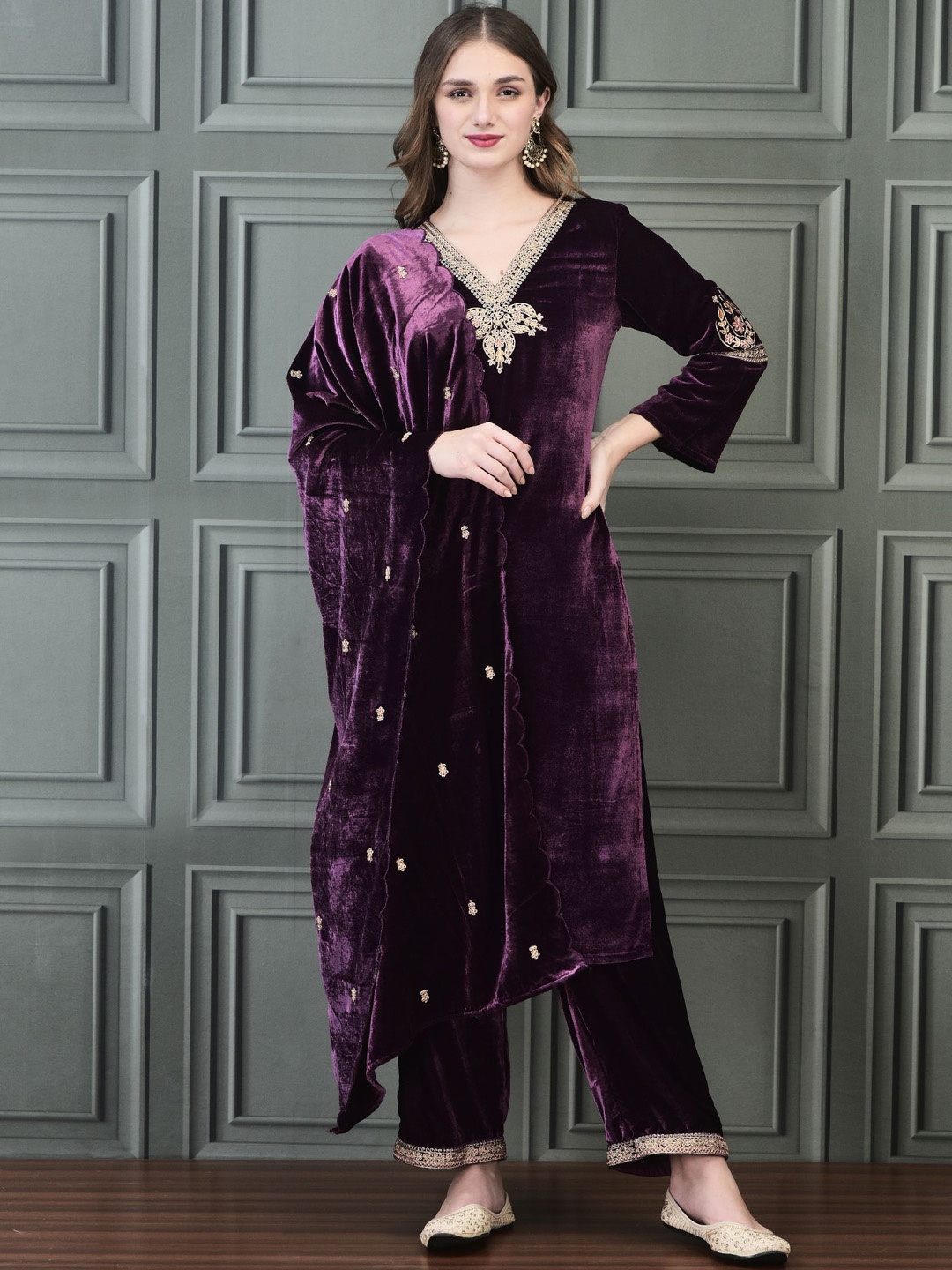 

Shree Floral Embroidered Velvet Straight Kurta with Trousers & Dupatta, Lavender