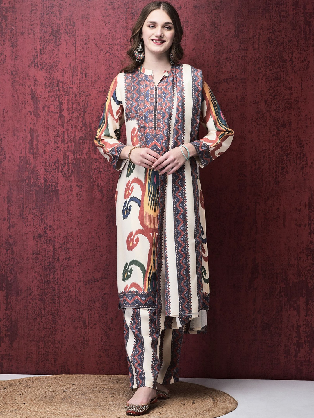 

Shree Ethnic Motifs Printed Mandarin Collar Regular Kurta With Palazzo & Dupatta, Off white