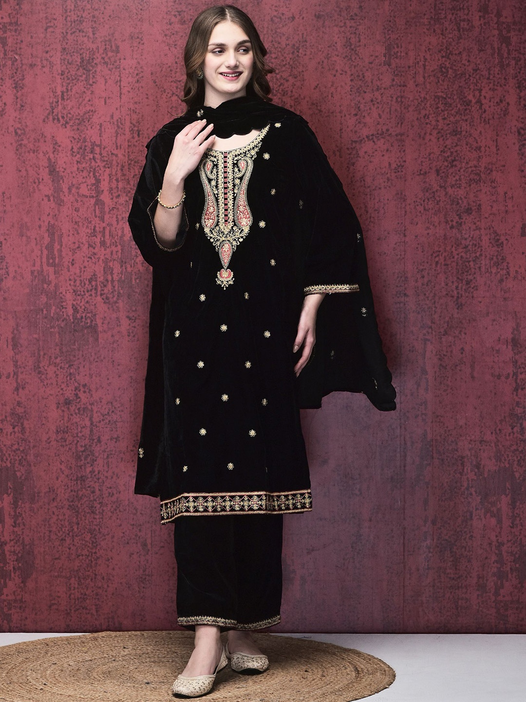 

Shree Floral Embroidered Velvet Straight Kurta with Trousers & Dupatta, Black