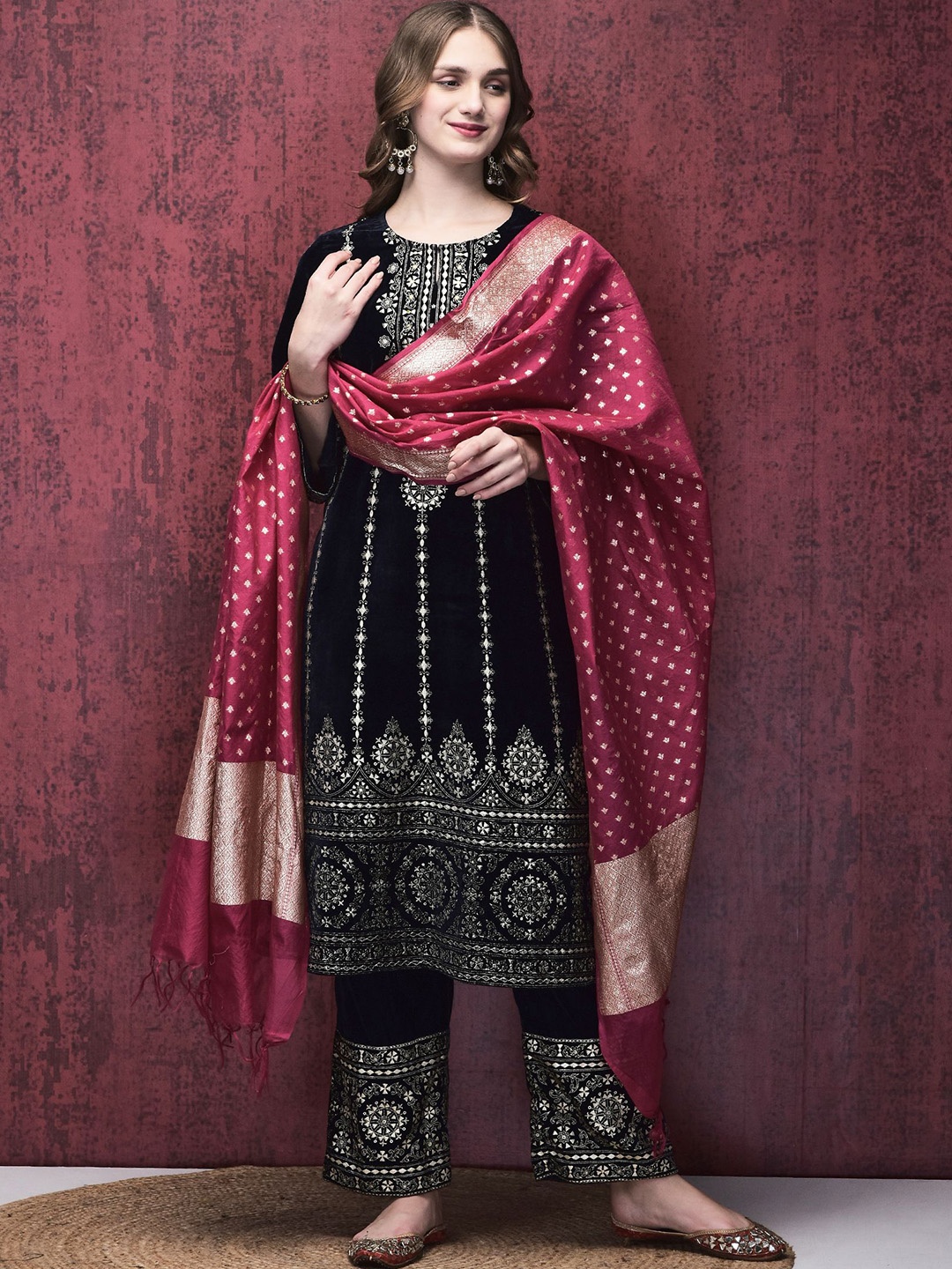 

Shree Floral Embroidered Velvet A Line Kurta with Trousers & Dupatta, Navy blue