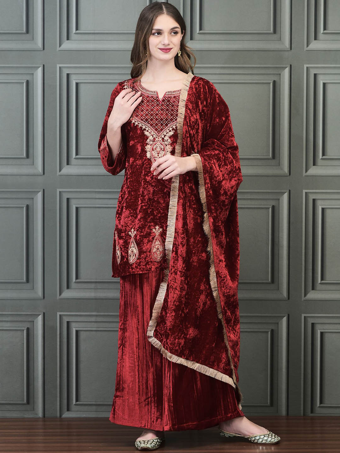 

Shree Floral Embroidered Velvet Straight Kurti with Palazzos & Dupatta, Pink