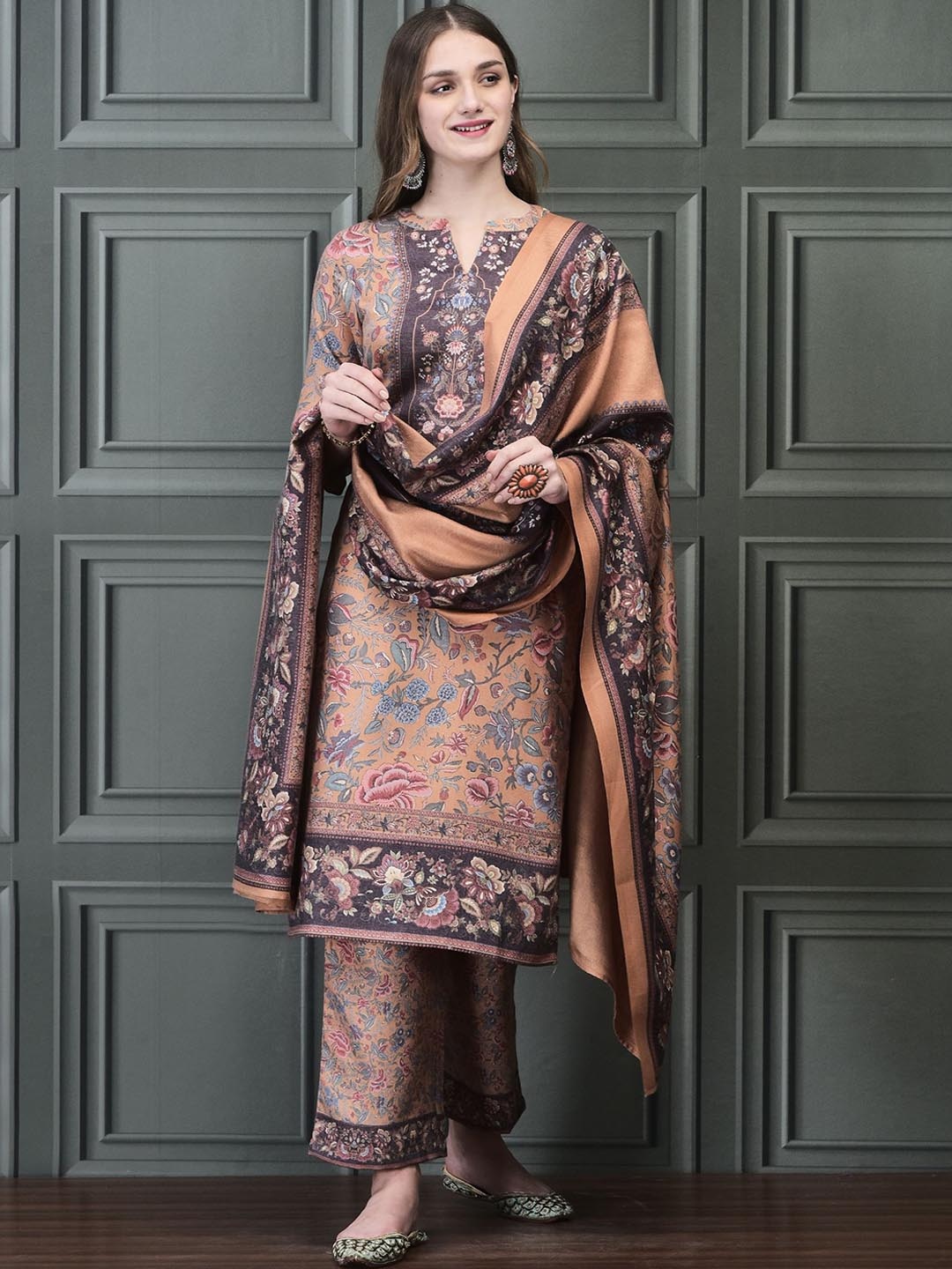 

Shree Floral Printed Straight Kurta with Trousers & Dupatta, Mustard