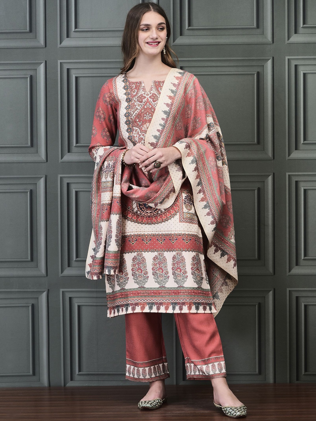 

Shree Ethnic Motifs Printed Round Neck Regular Straight Kurta With Trouser With Dupatta, Rust