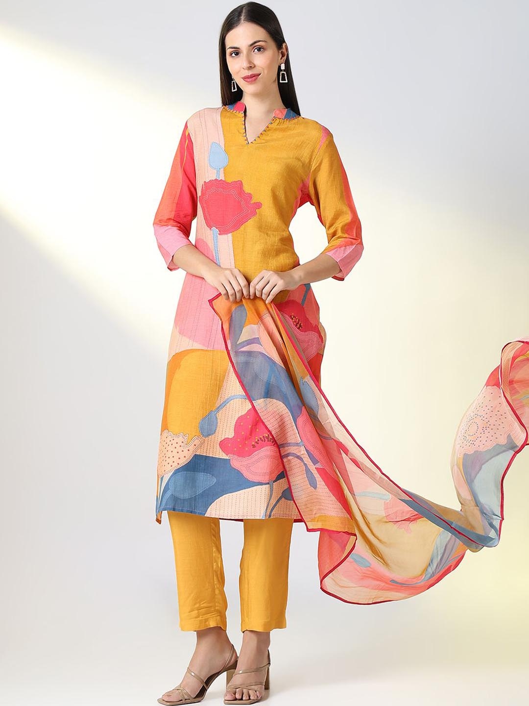 

SHOWOFF Floral Printed Beads and Stones Straight Kurta With Trousers & Dupatta, Mustard