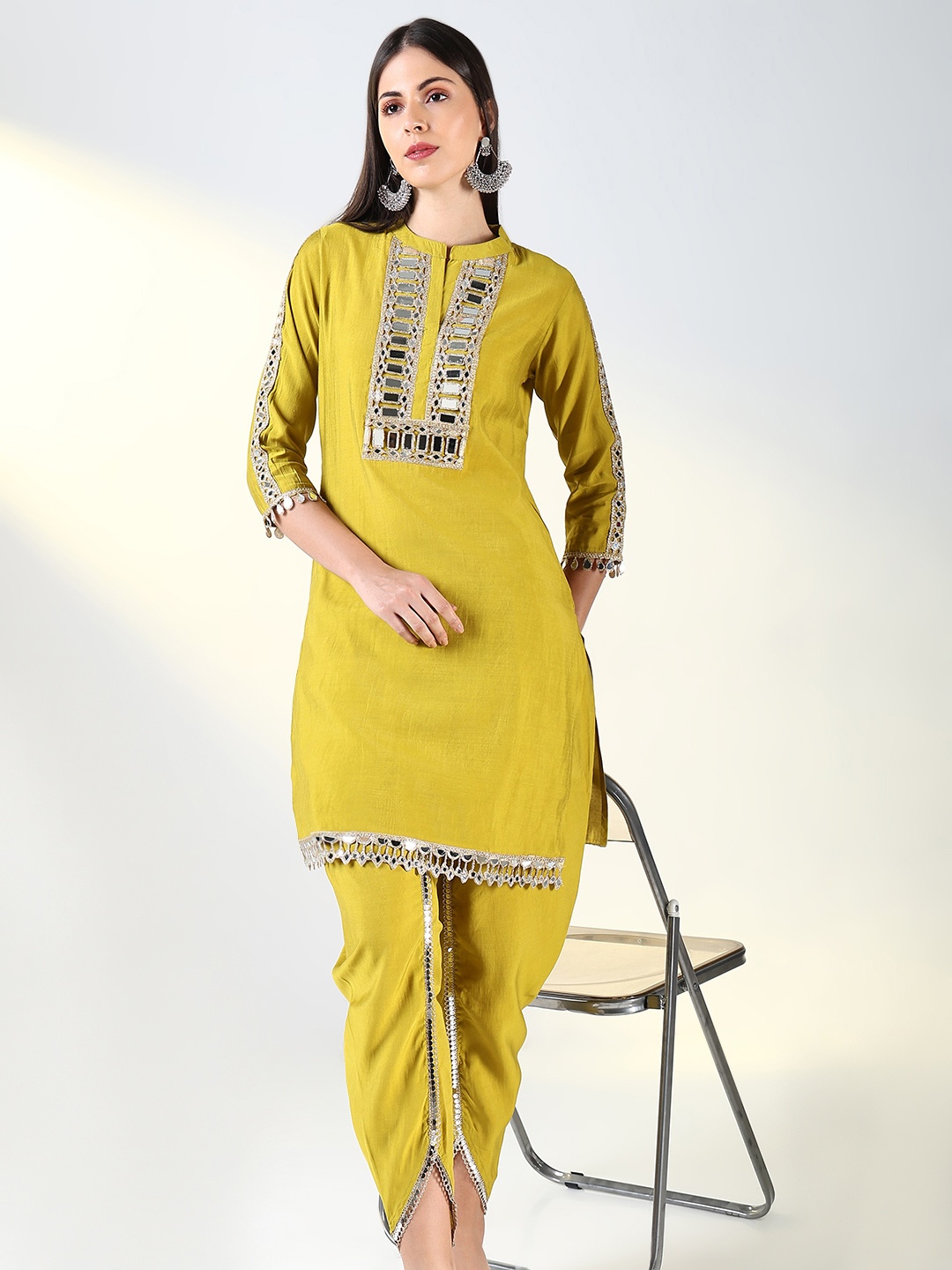 SHOWOFF Geometric Yoke Design Mirror Work Straight Kurta With Dhoti Pants, Mustard