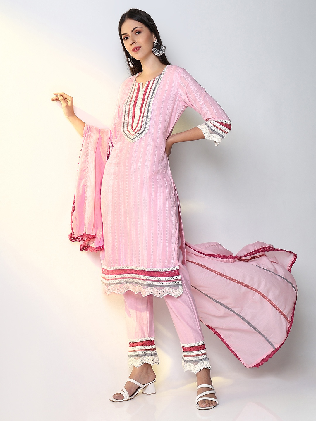 

SHOWOFF Notch Neck Striped Mirror Work Straight Kurta With Trousers & Dupatta, Pink