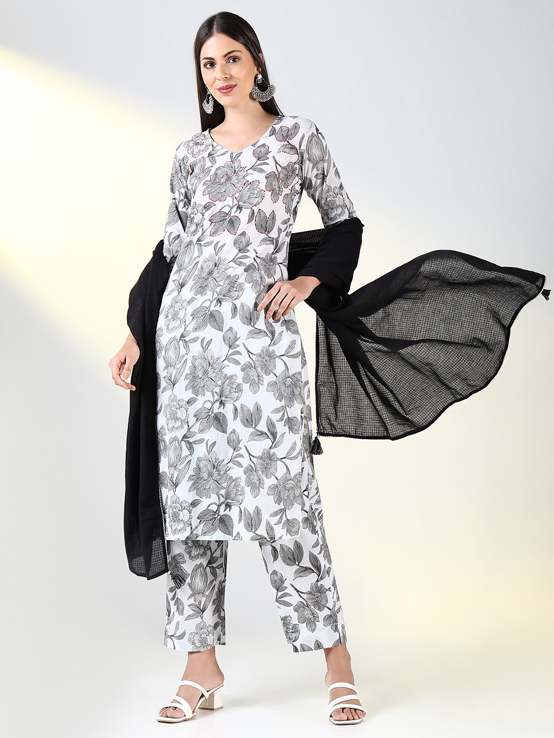 

SHOWOFF Floral Printed Thread Work V-Neck Straight Kurta with Trousers & Dupatta, Grey