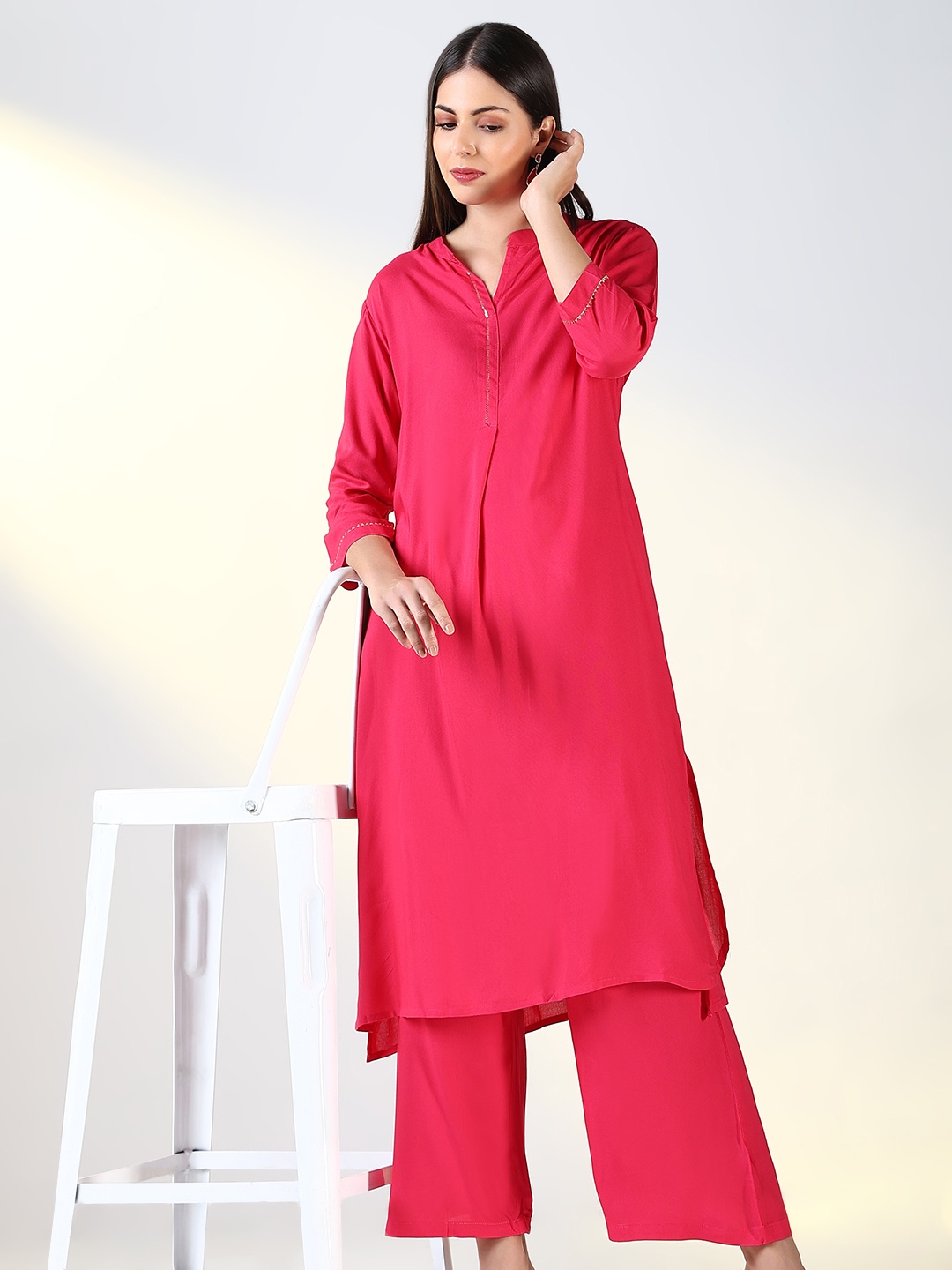 

SHOWOFF Mandarin Collar Sequinned A-Line Kurta With Palazzos, Pink