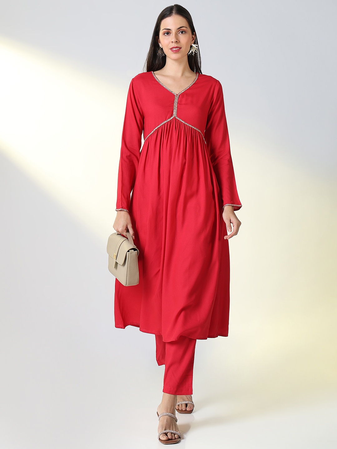 

SHOWOFF Women Empire Kurta with Trousers, Red