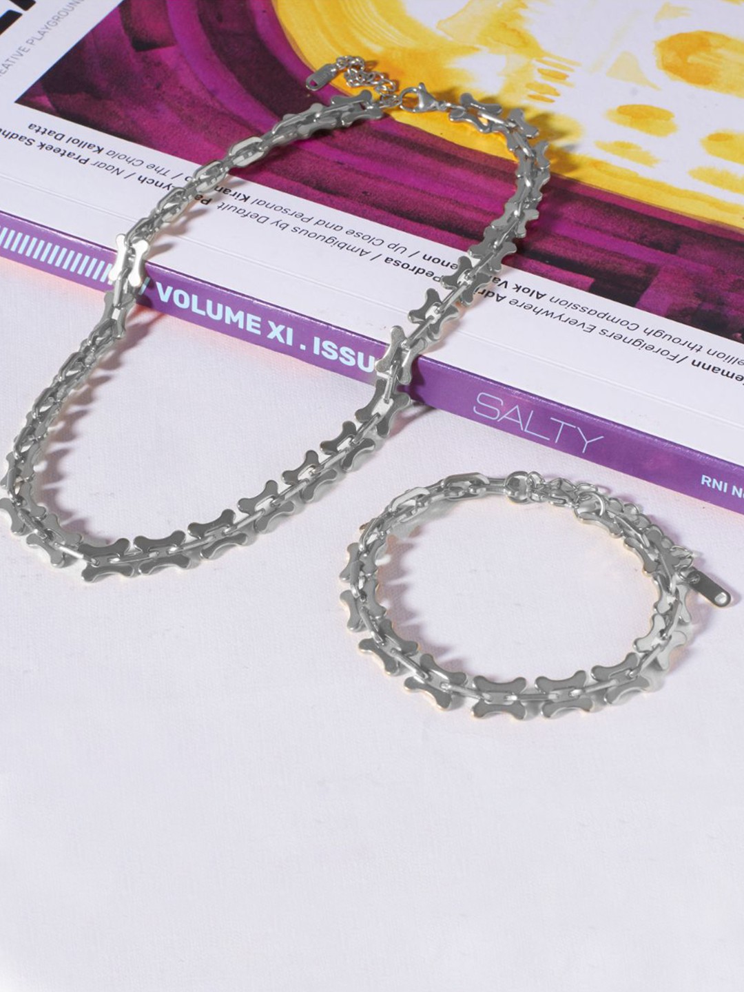 

SALTY Elegant Golden Dainty Stainless Steel Link Necklace and Bracelet, Silver