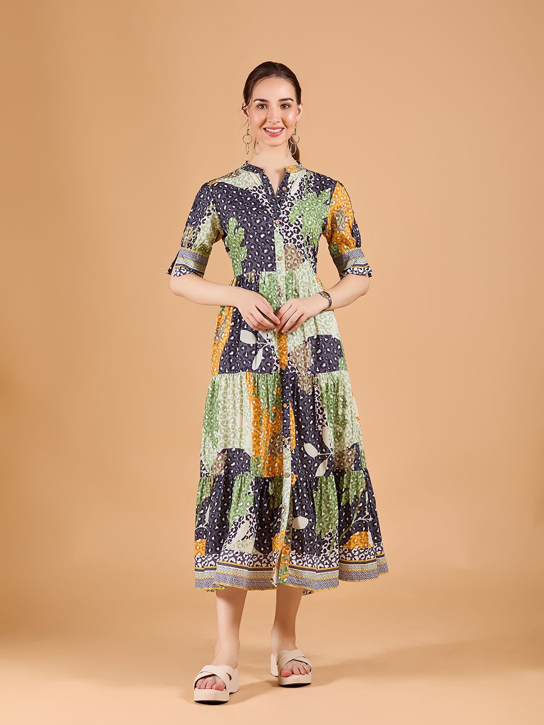 

Amarasha Ethnic Motifs Print Fit & Flare Midi Dress, Green