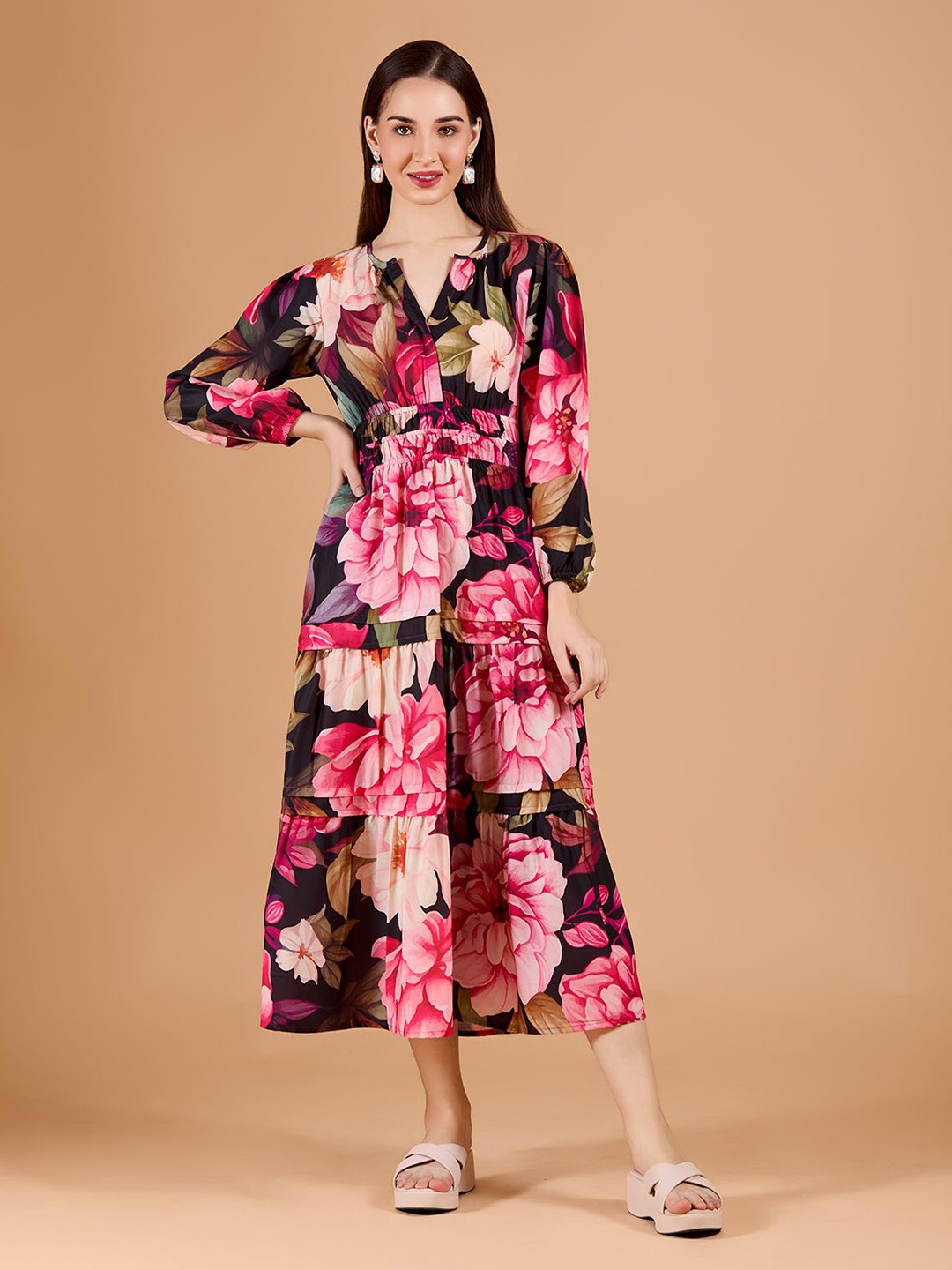 

Amarasha Floral Print Bell Sleeve Fit & Flare Midi Dress, Black
