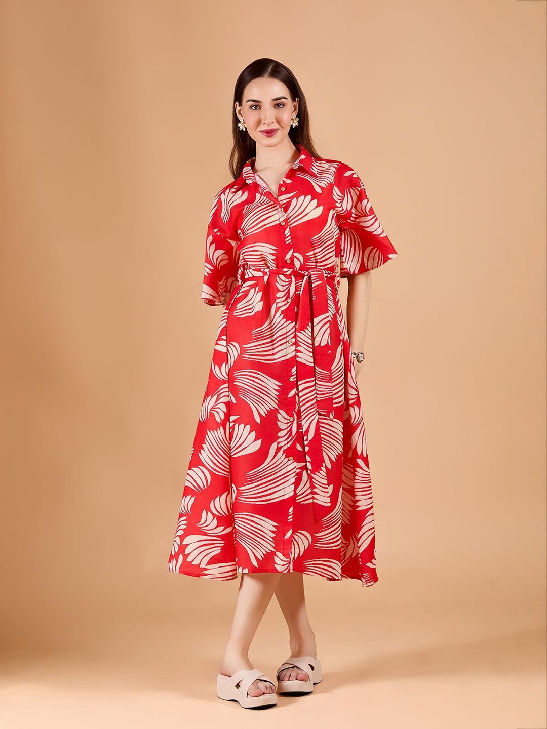 

Amarasha Floral Print Flared Sleeve Fit & Flare Midi Dress, Red