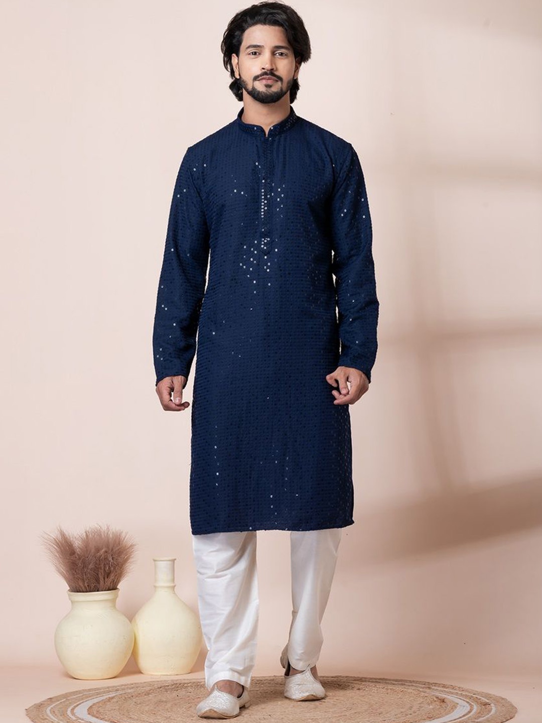 

HU - Handcrafted Uniquely Geometric Embroidered Pure Cotton Straight Kurta with Pyjamas, Navy blue