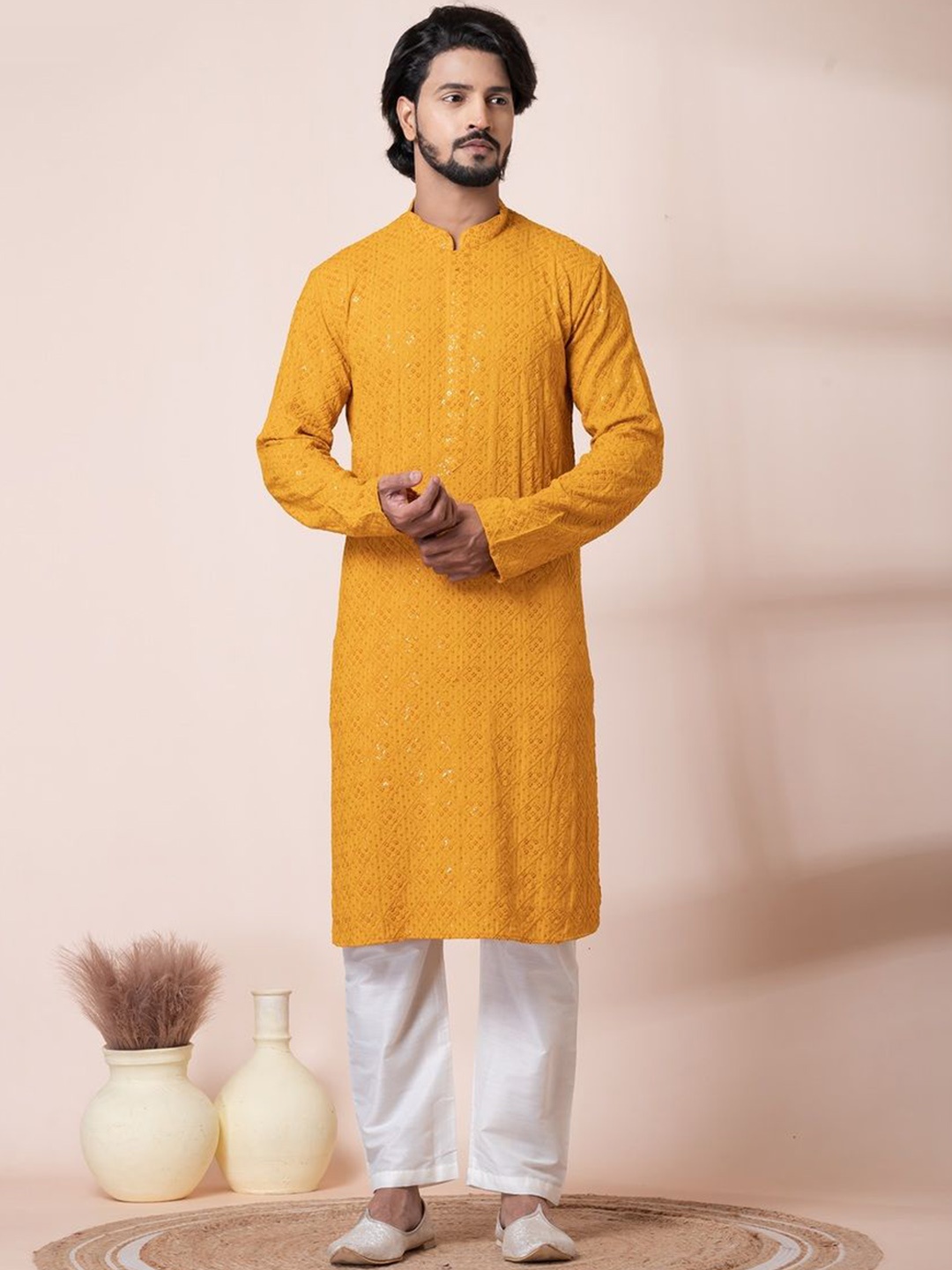 

HU - Handcrafted Uniquely Geometric Embroidered Pure Cotton Straight Kurta with Pyjamas, Mustard