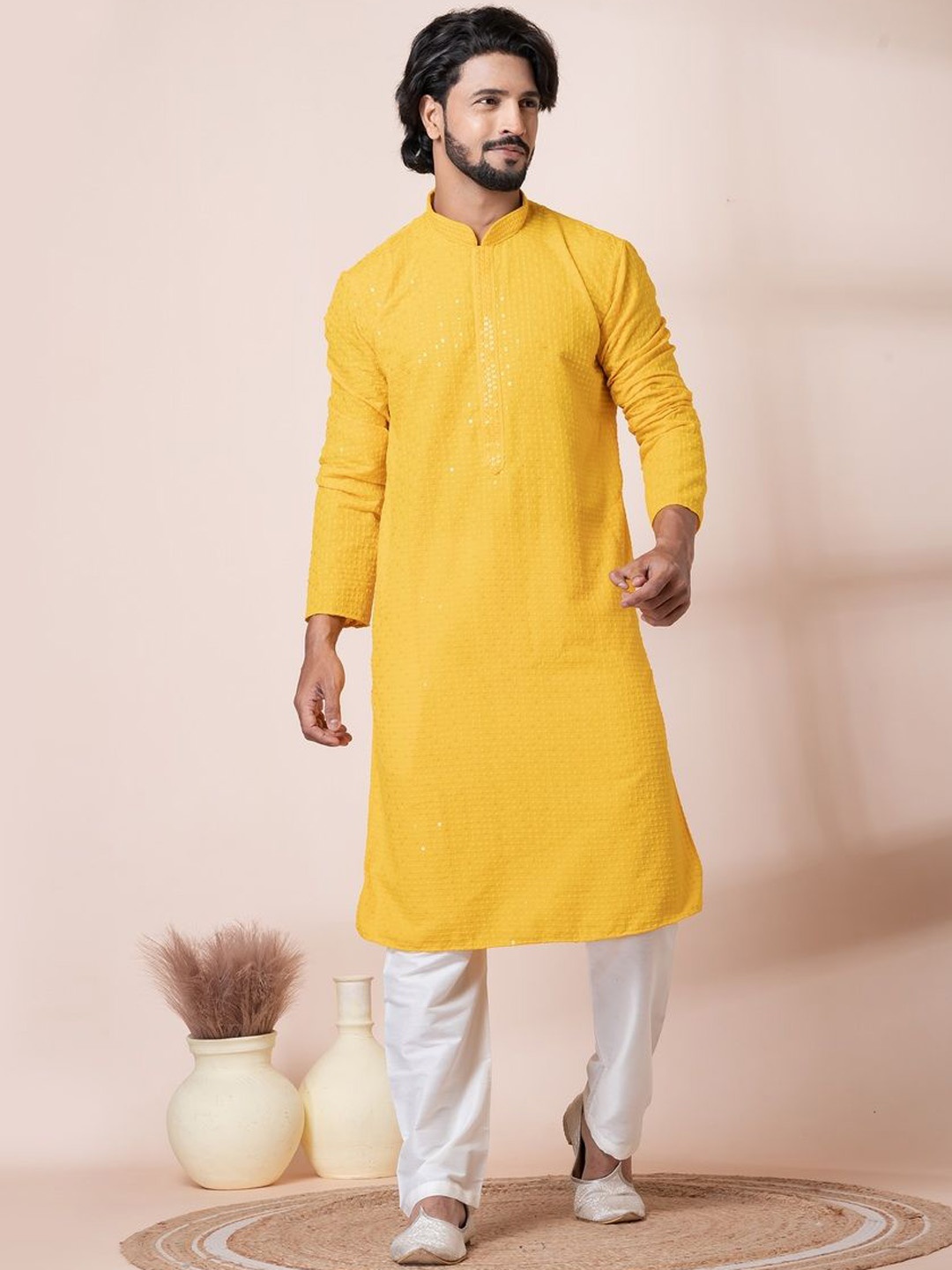 

HU - Handcrafted Uniquely Geometric Embroidered Pure Cotton Straight Kurta with Pyjamas, Yellow