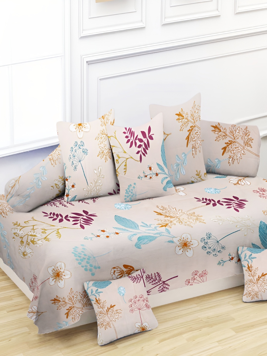 

YaAkholic Cream-Coloured & Blue 8 Pieces Floral Printed 210TC Cotton Diwan Set