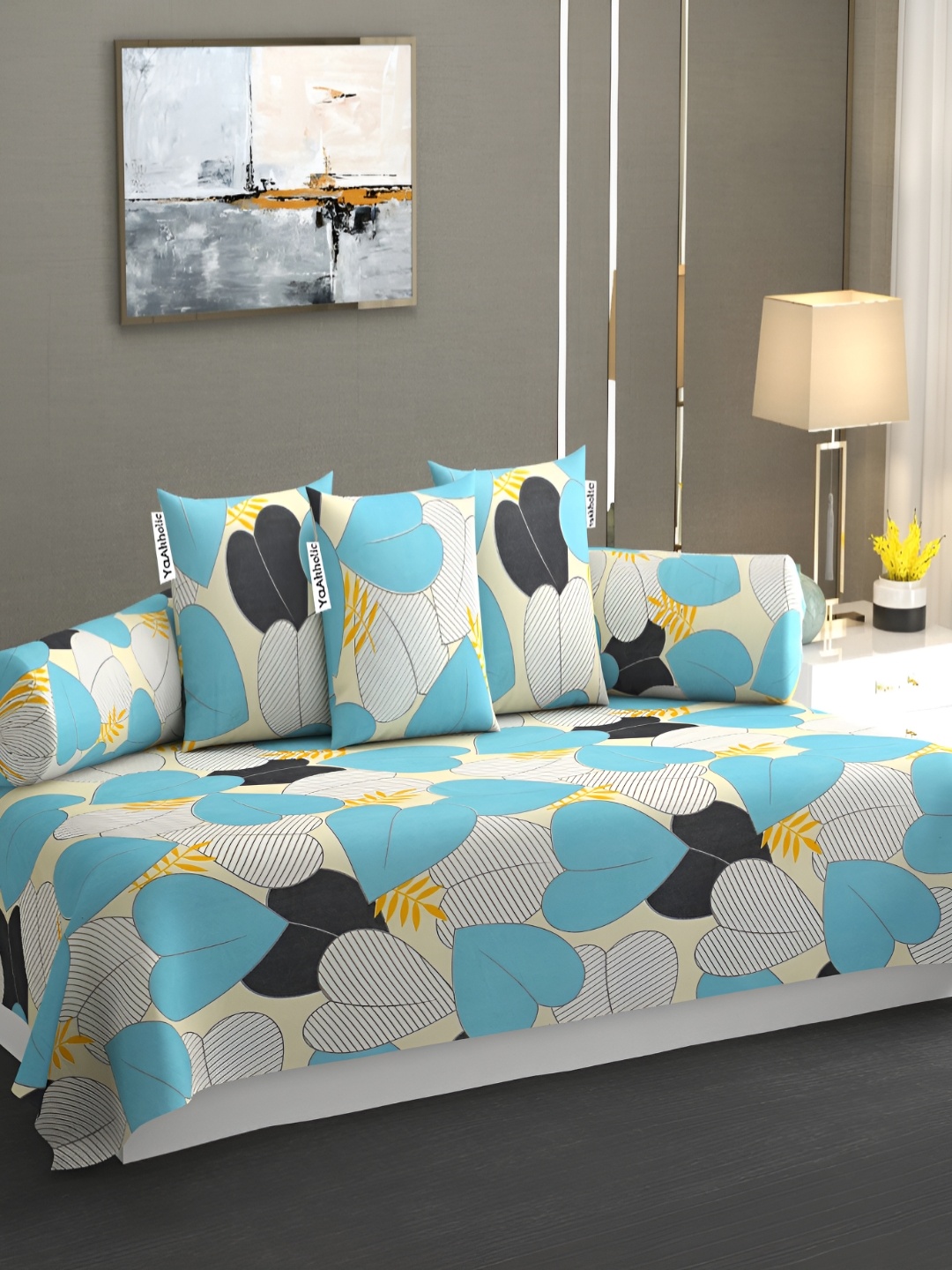 

YaAkholic Turquoise Blue 6 Pieces Floral Printed 210TC Cotton Diwan Set
