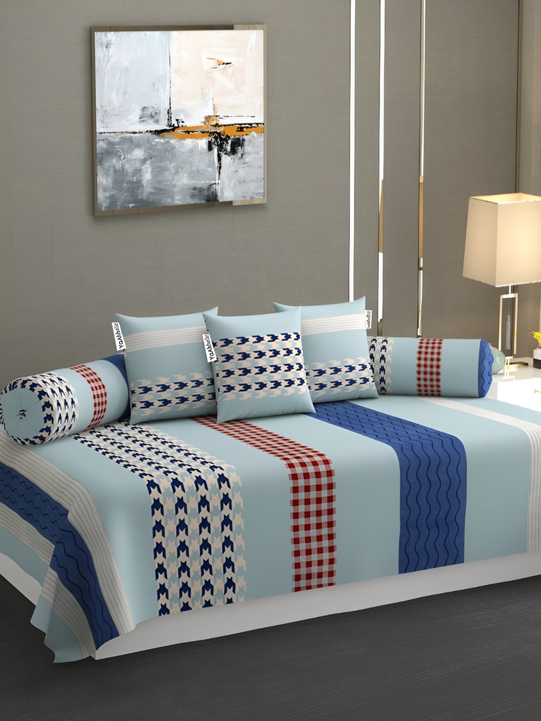 

YaAkholic Blue 6 Pieces Geometric Printed 210TC Cotton Diwan Set