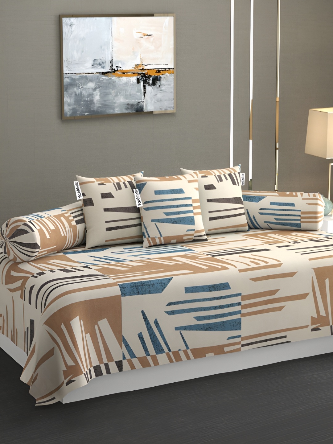 

YaAkholic Set Of 6 Beige & Blue Printed210TCDiwanSet