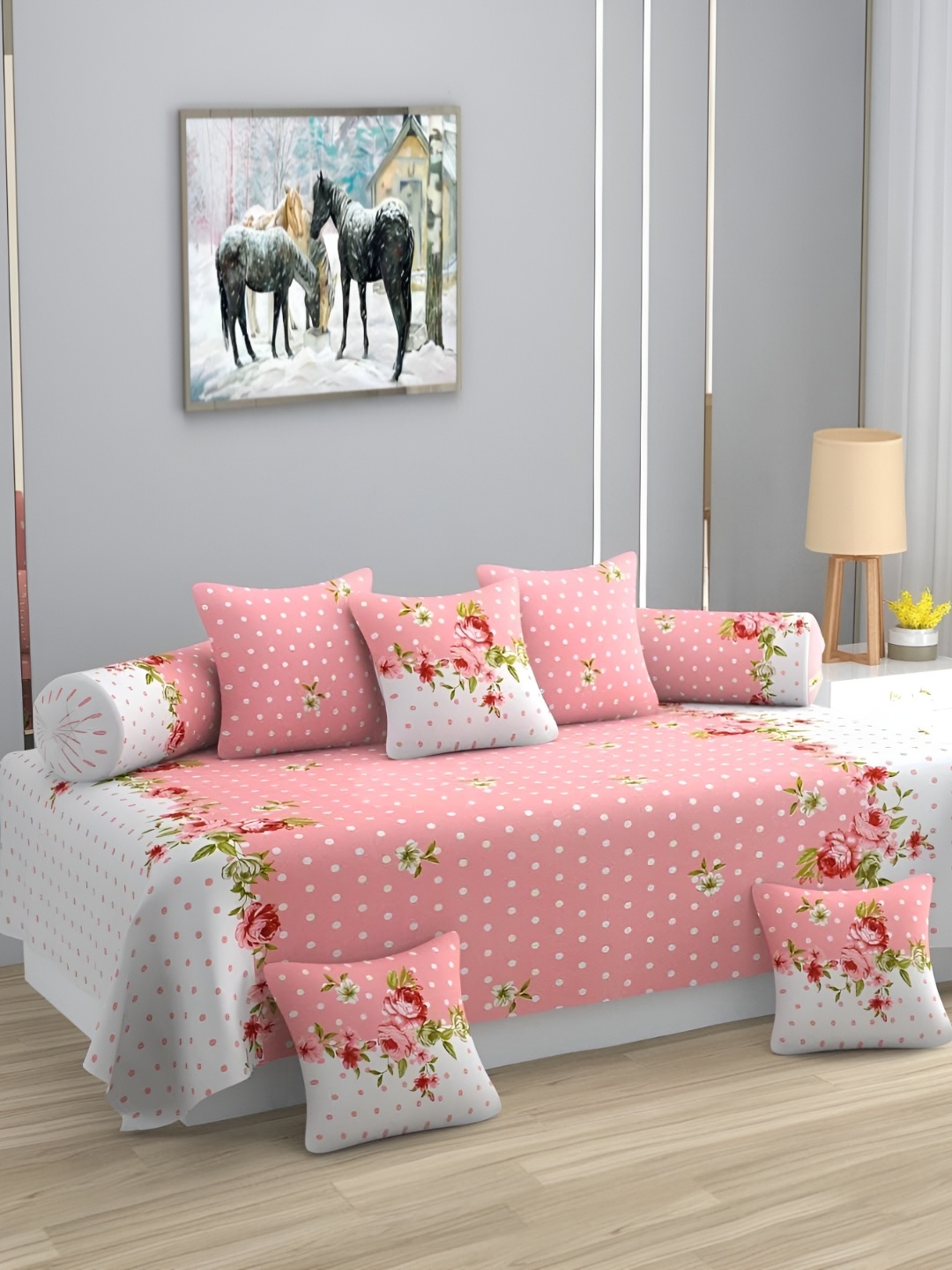 

YaAkholic Set Of 8 Pink & Green Printed210TC DiwanSet