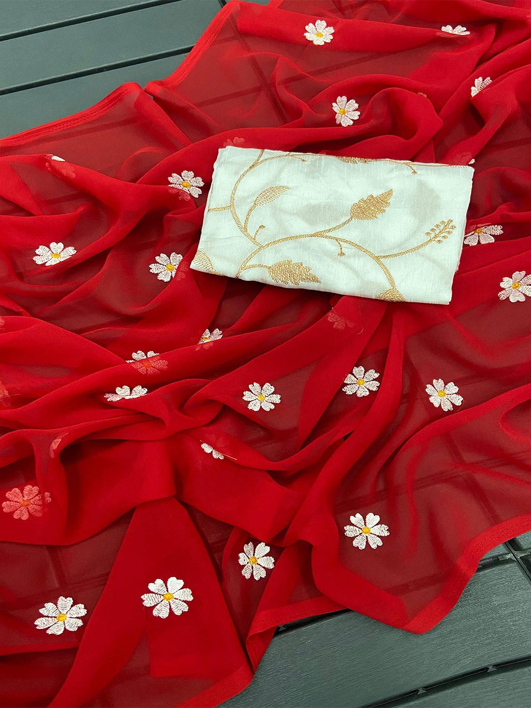 

Peachmode Floral Embroidered Pure Georgette Saree, Red