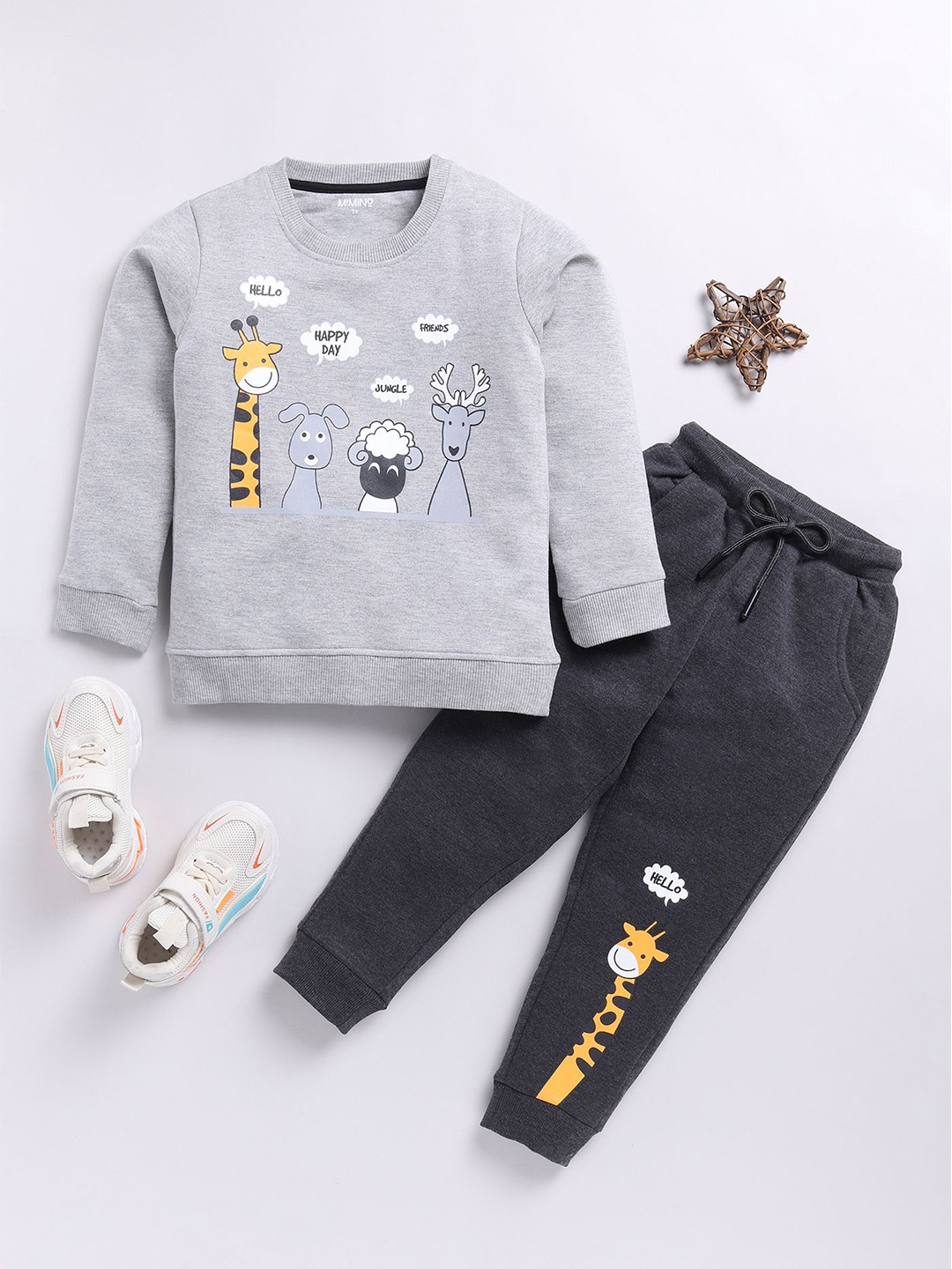 

MIMINO Unisex Kids Printed Round Neck Long Sleeves Sweatshirt With Jogger, Grey