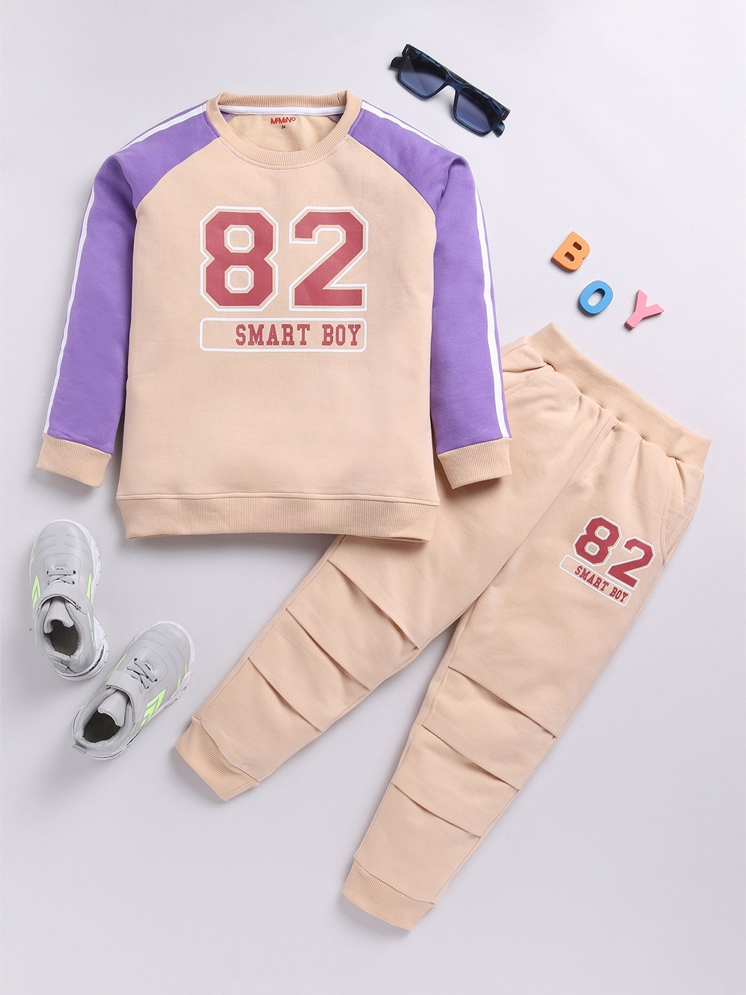

MIMINO Unisex Kids Printed Round Neck Long Sleeves Sweatshirt With Jogger, Beige