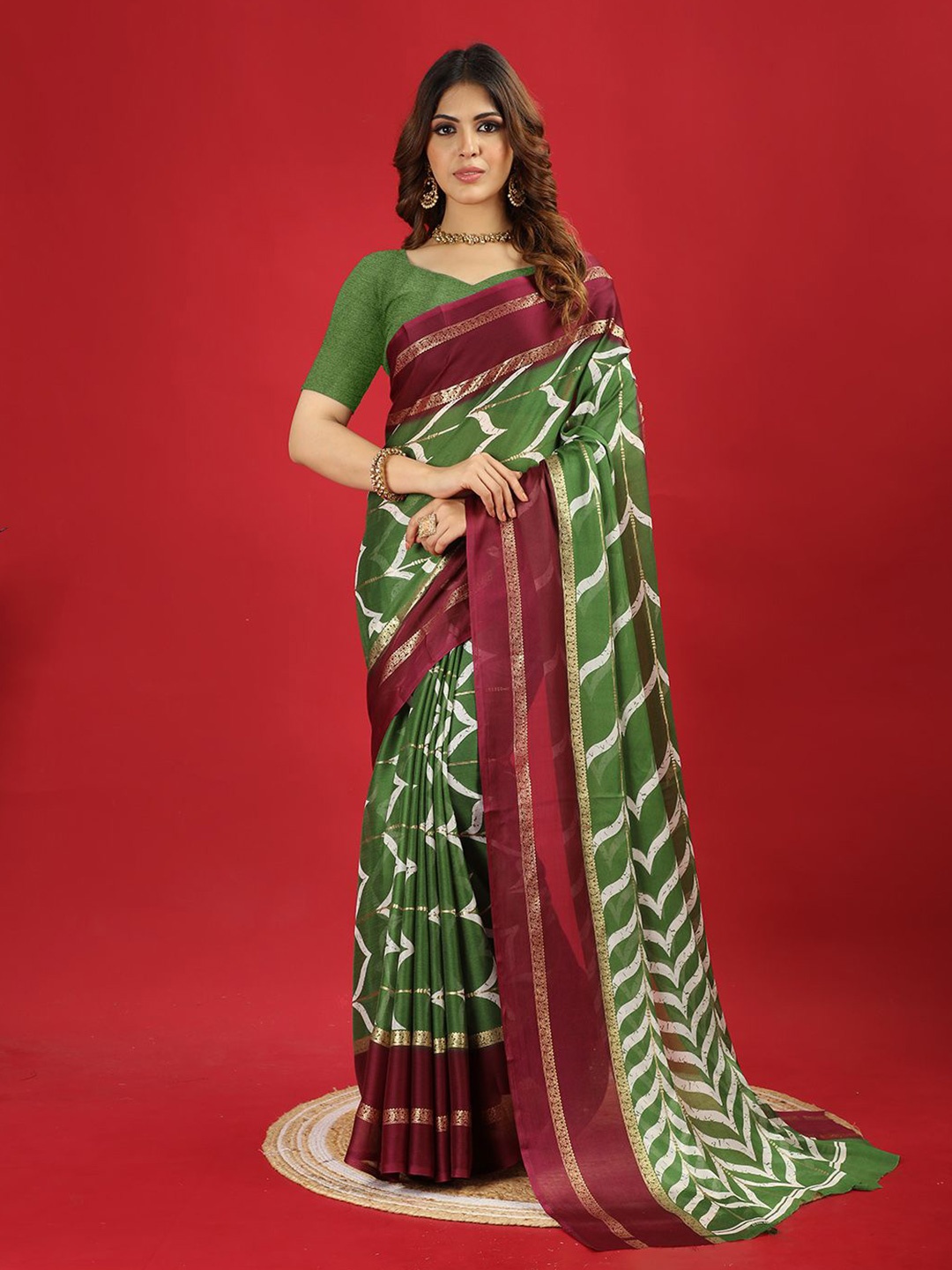 

A.V.M Prints Zari Poly Chiffon Saree, Green
