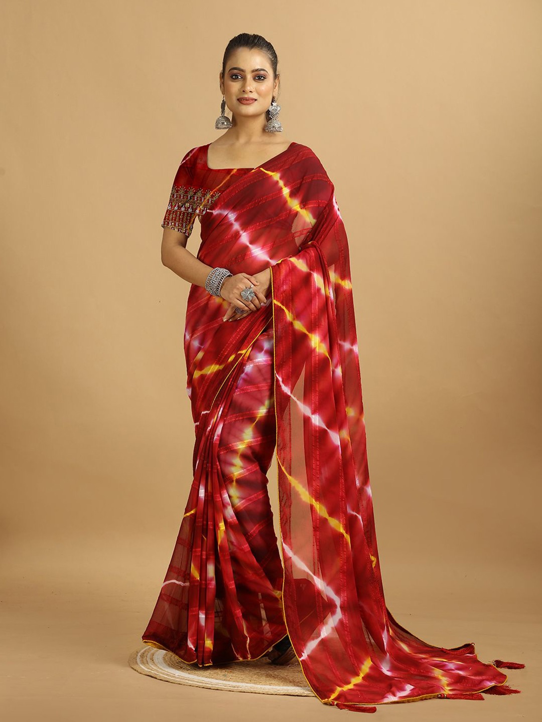 

A.V.M Prints Tie and Dye Poly Georgette Saree, Red