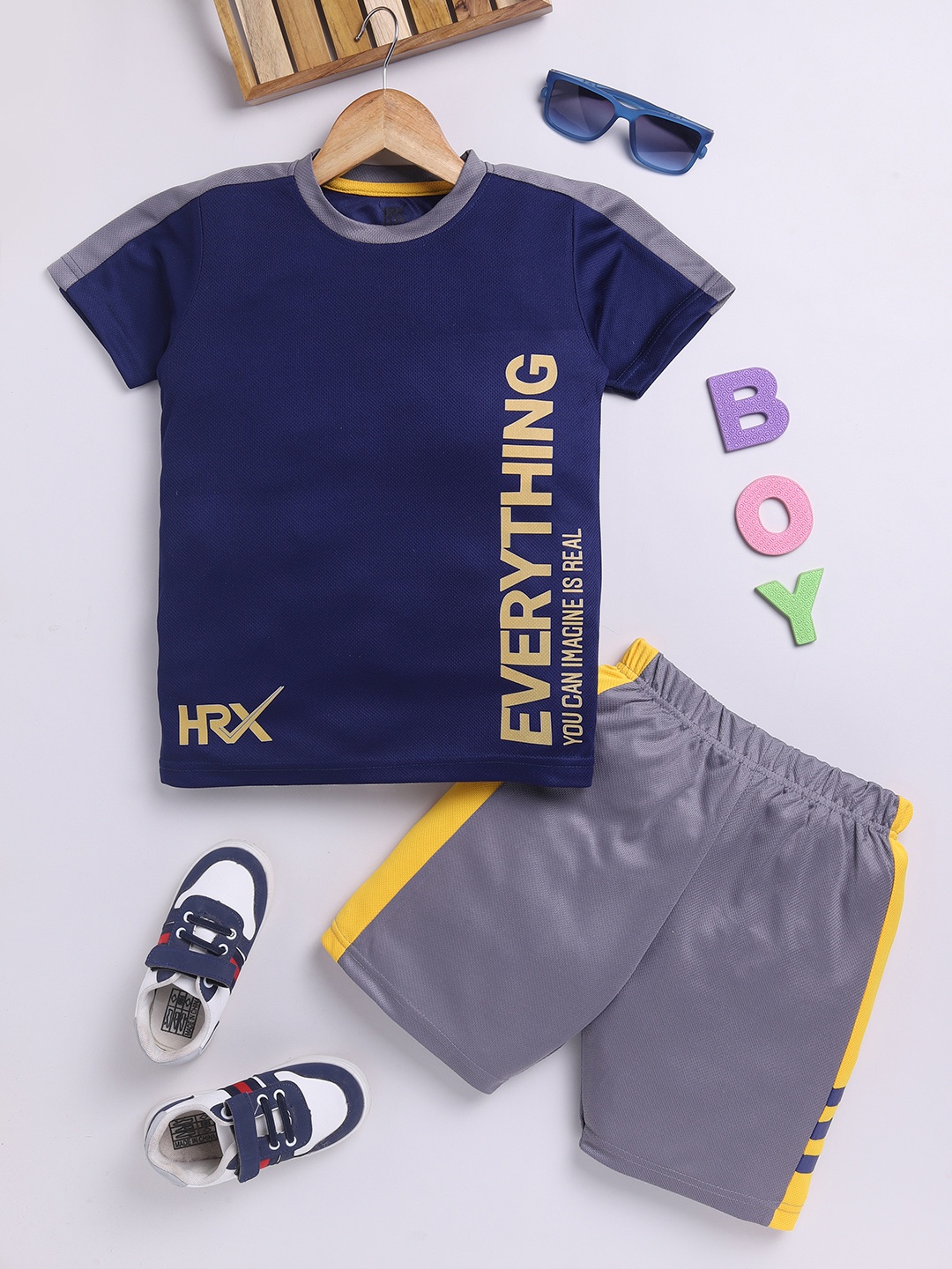 

HRX by Hrithik Roshan Boys Printed Rapid Dry T-shirt with Shorts, Navy blue