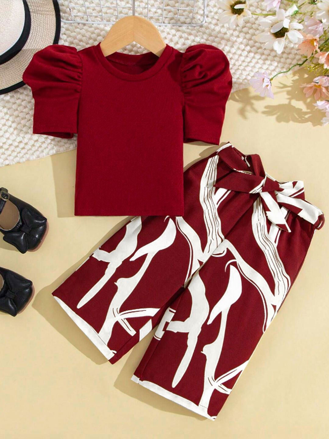 

OMPAX Girls Round Neck Short Sleeves Top With Trouser, Maroon