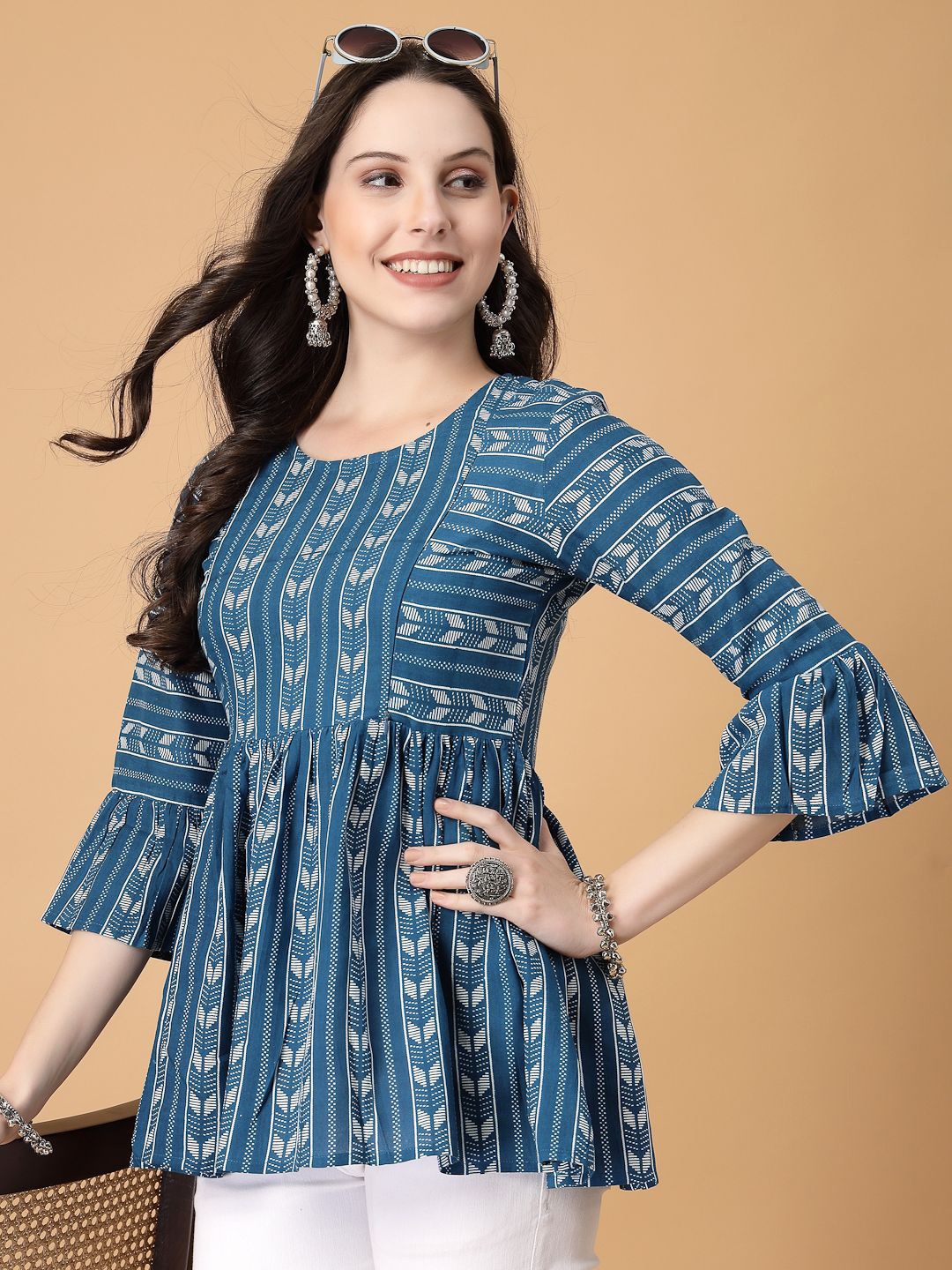 

God Bless Print Bell Sleeve Ethnic Cotton Peplum Top, Blue