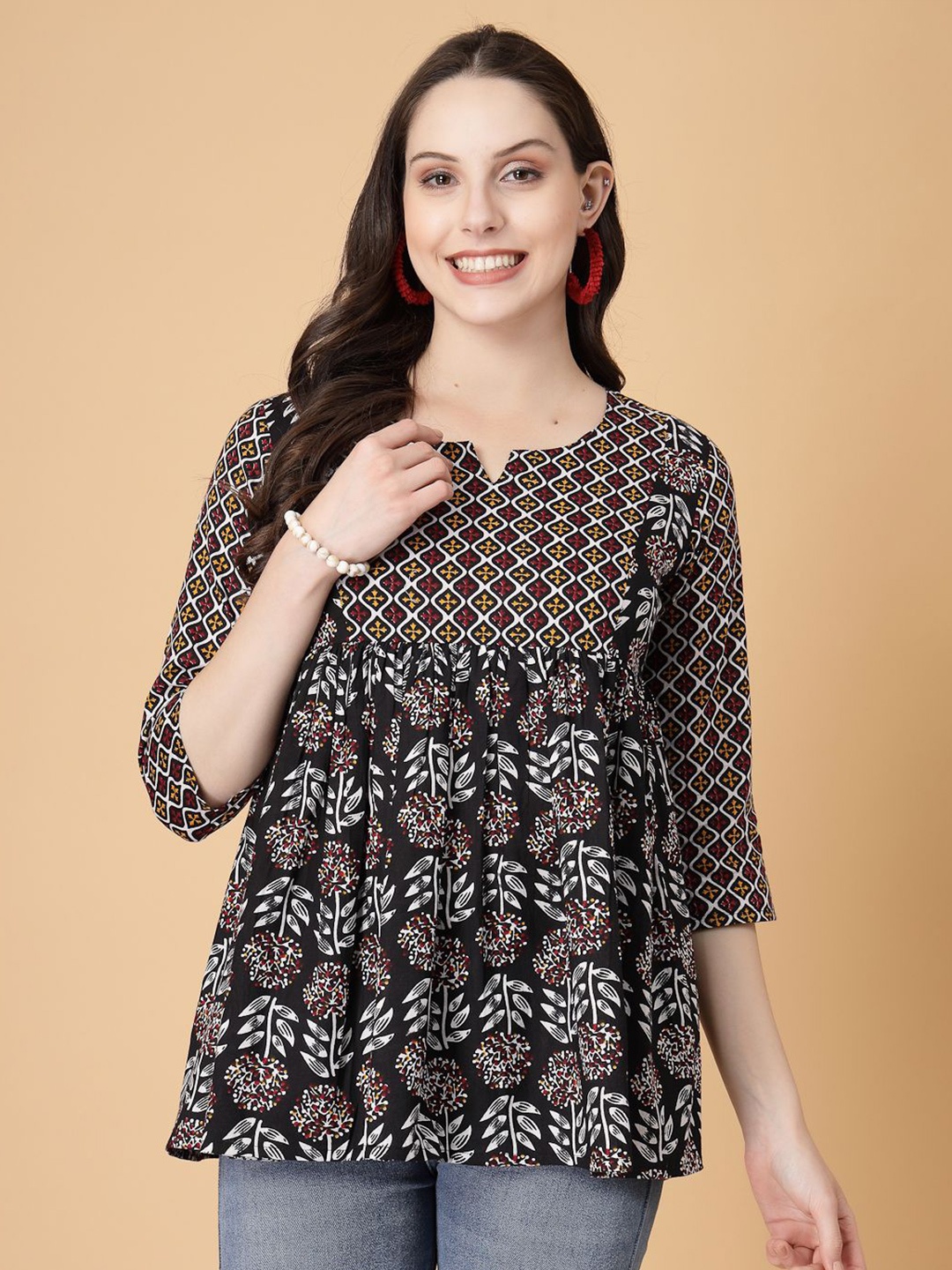 

God Bless Floral Print Cotton Peplum Top, Black