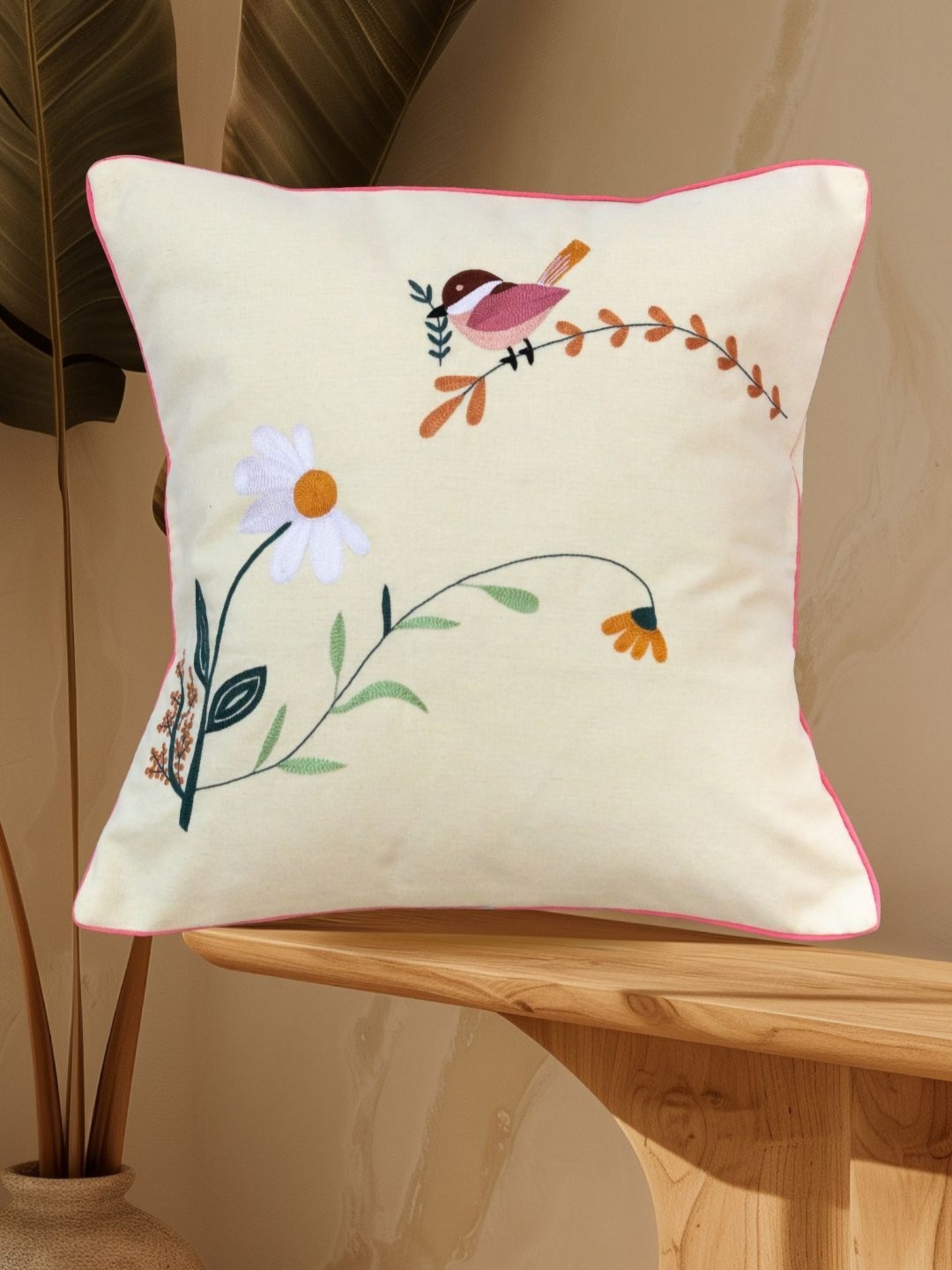 

BandBox Cream-Coloured & Brown Floral Cotton Square Cushion Cover