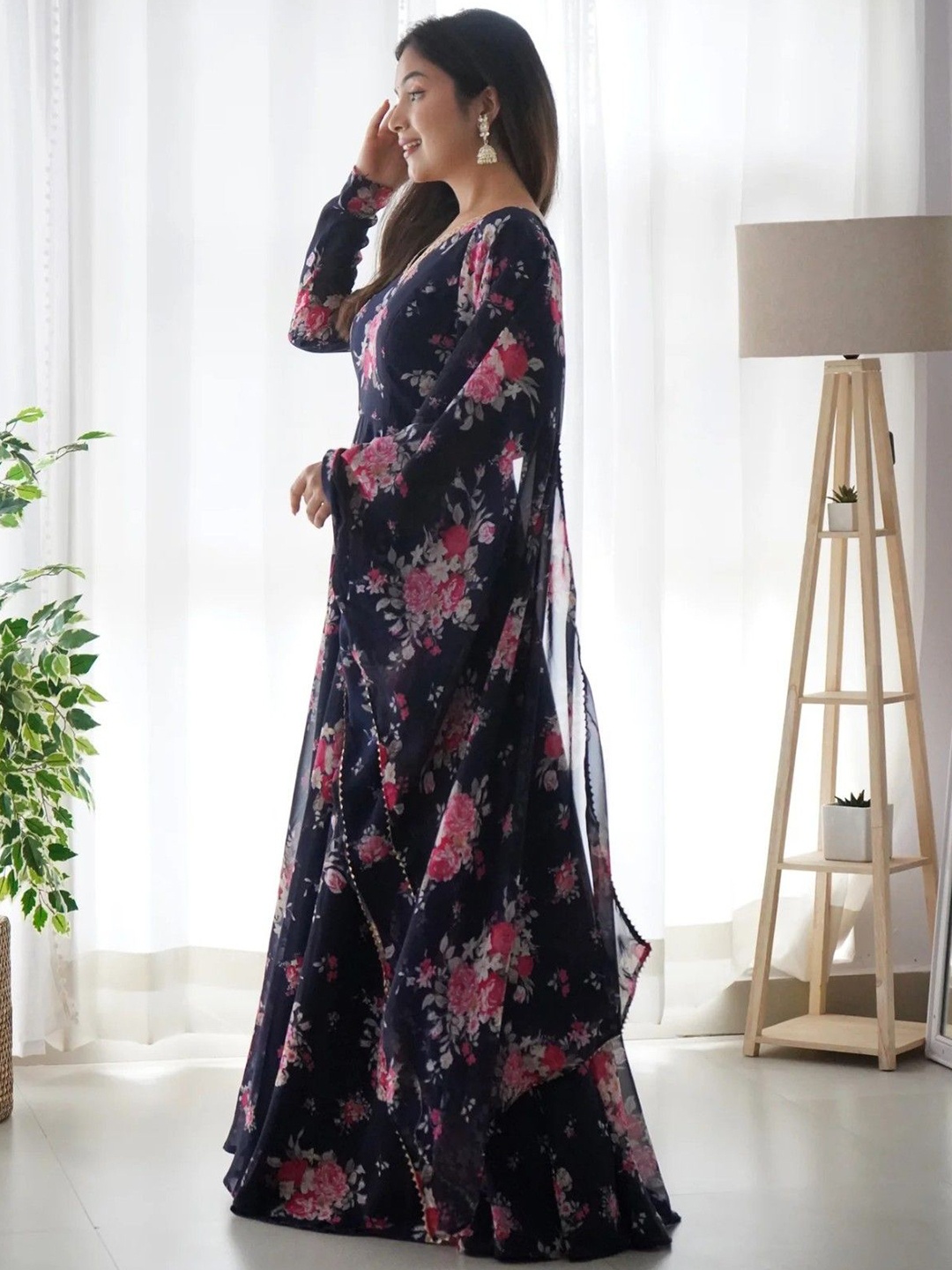 

Femvy Floral Printed Fit and Flare Ethnic Dresses, Black