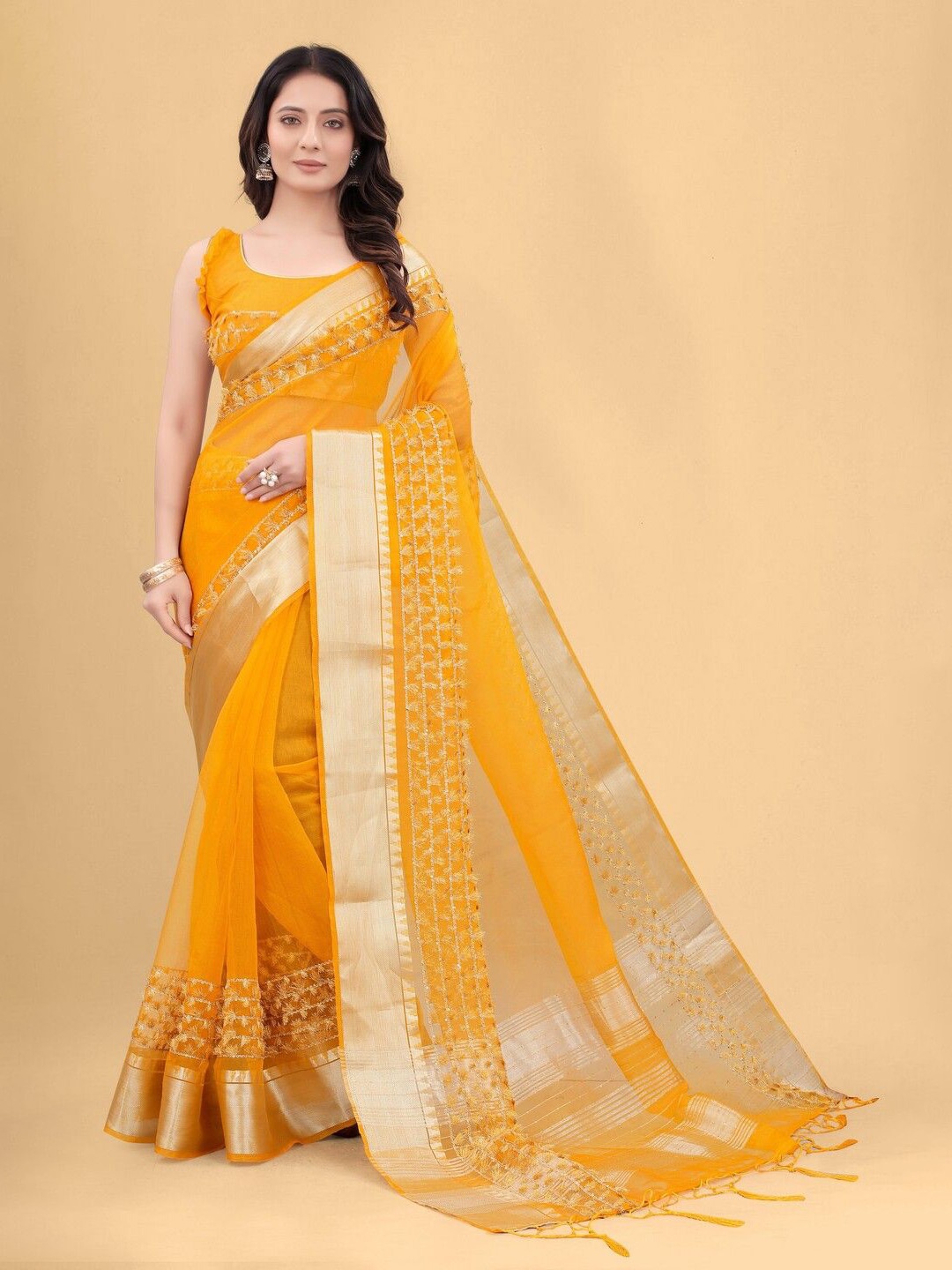 

KALINI Ethnic Motifs Zari Organza Chanderi Saree, Yellow