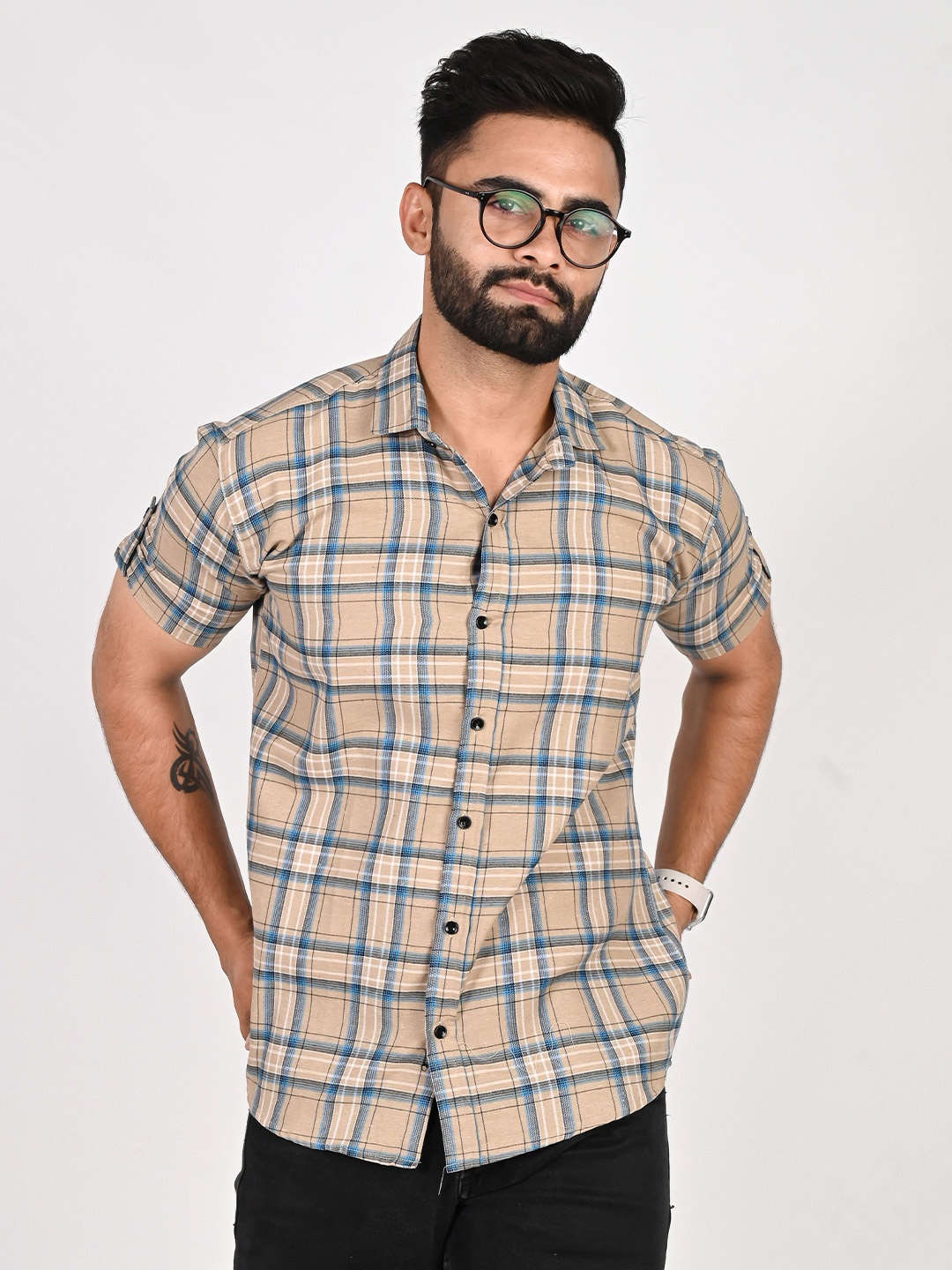 

Tanip Men Spread Collar Tartan Checked Cotton Casual Shirt, Beige