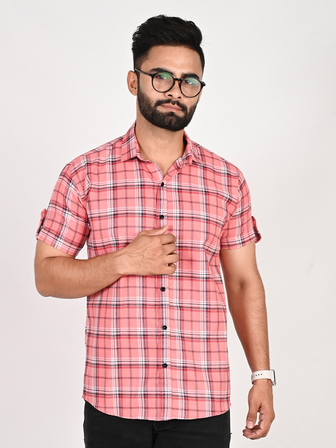 

Tanip Men Spread Collar Tartan Checked Cotton Casual Shirt, Pink