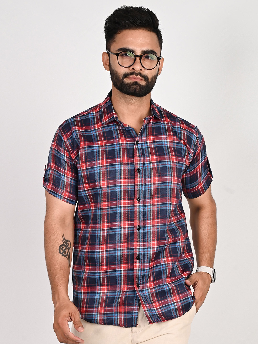 

Tanip Men Spread Collar Tartan Checked Cotton Casual Shirt, Navy blue