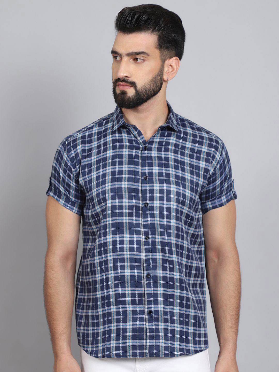 

Tanip Men Spread Collar Checked Cotton Casual Shirt, Navy blue