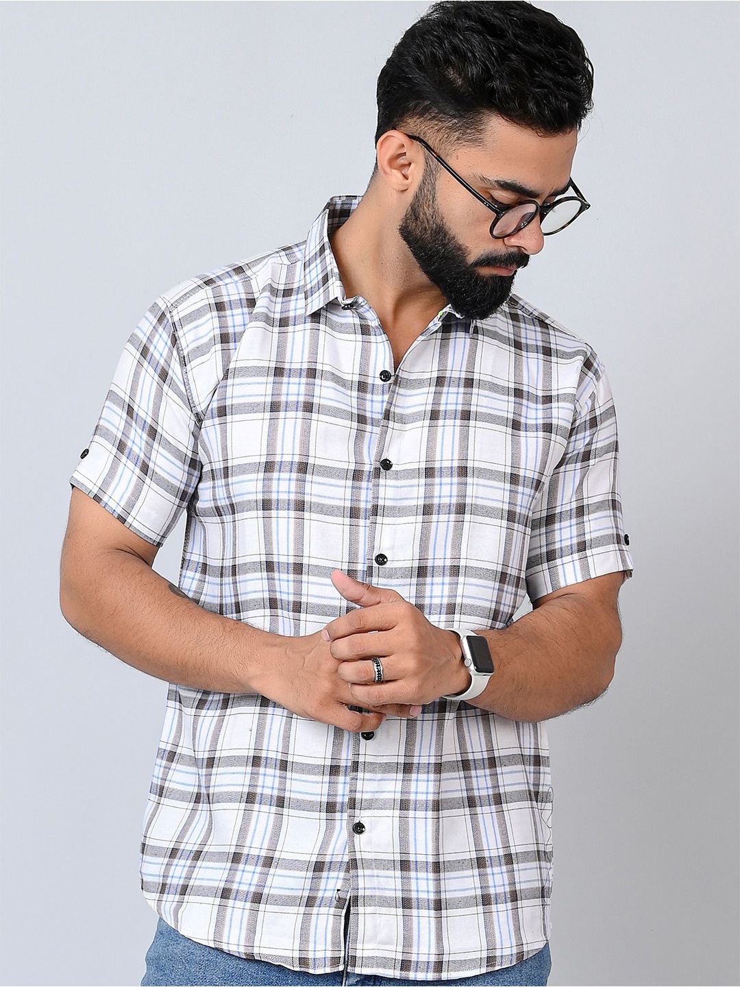 

Tanip Men Spread Collar Tartan Checked Cotton Casual Shirt, White